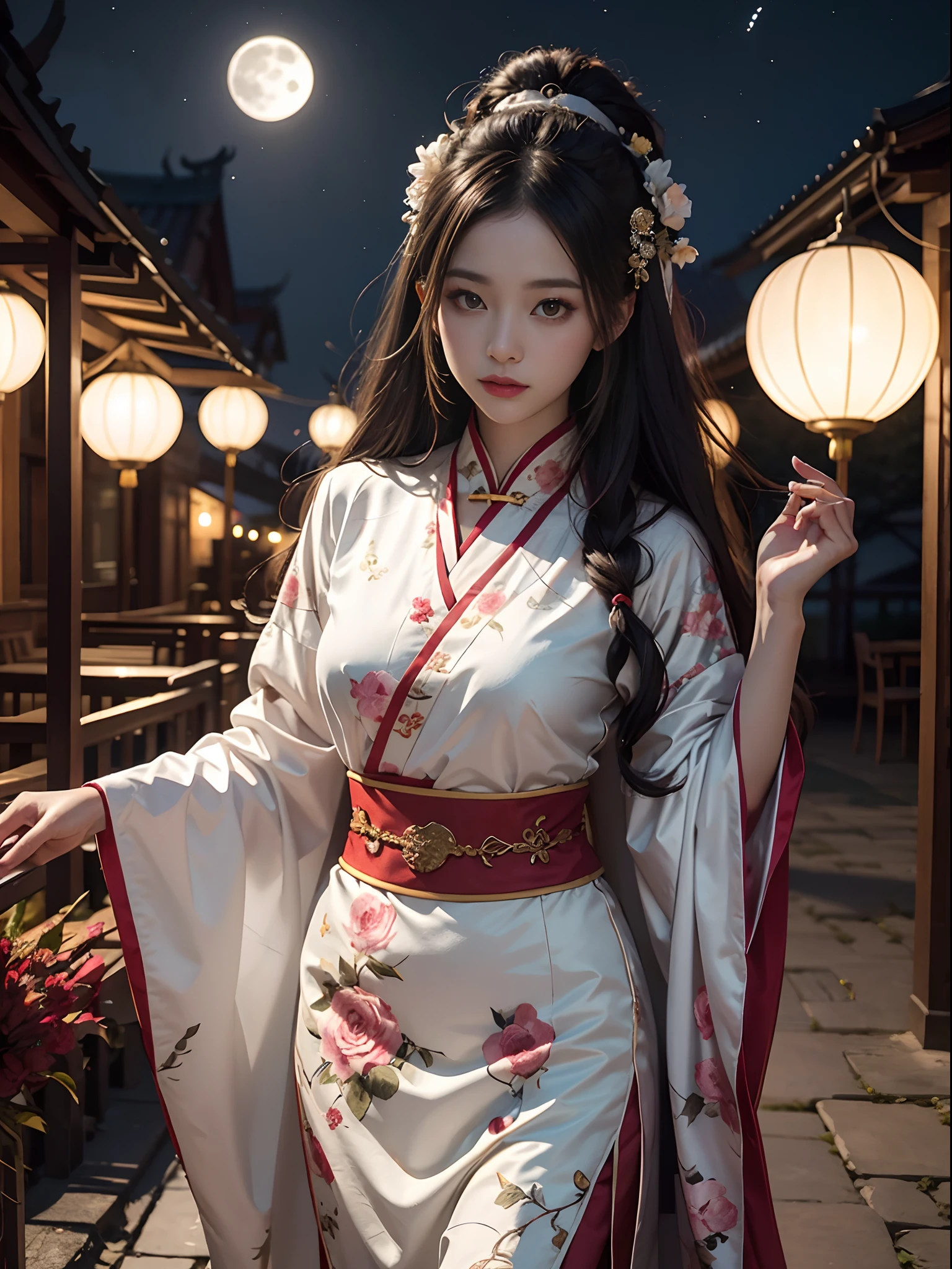 Unbeatable masterpiece, Ultra photo realsisim , Perfect artwork , Intricate details , Best quality , Strong light , High contrast , Dynamic pose , Dutch angle , ((Depth of field)) , (fantasy) , fansty world , An extremely delicate and beautiful) , full moon , 1 rapariga, Rabbit , Chinese_clothes , Night , Floral_print ,Solo , flower , Long hair , Outdoor sunlight , view the viewer , Night sky , Moonlight , Hanfu , (dishiveredhair: 1.1 ) , Silk streamers , (breezy:1.1)