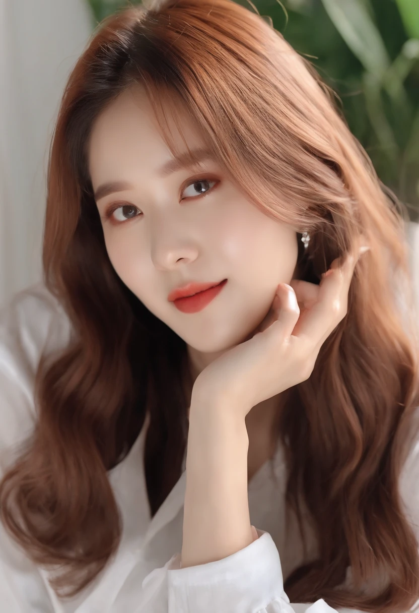 a close up of a woman with long hair wearing a white shirt, ulzzangs, wan adorable korean face, jisoo from blackpink, 8K)), tiktok video, Korean girl, low quality video, Kim Do-young, trending at cgstation, she has long orange brown hair, jisoo of blackpink, Ruan cute vtuber, lalisa manobal