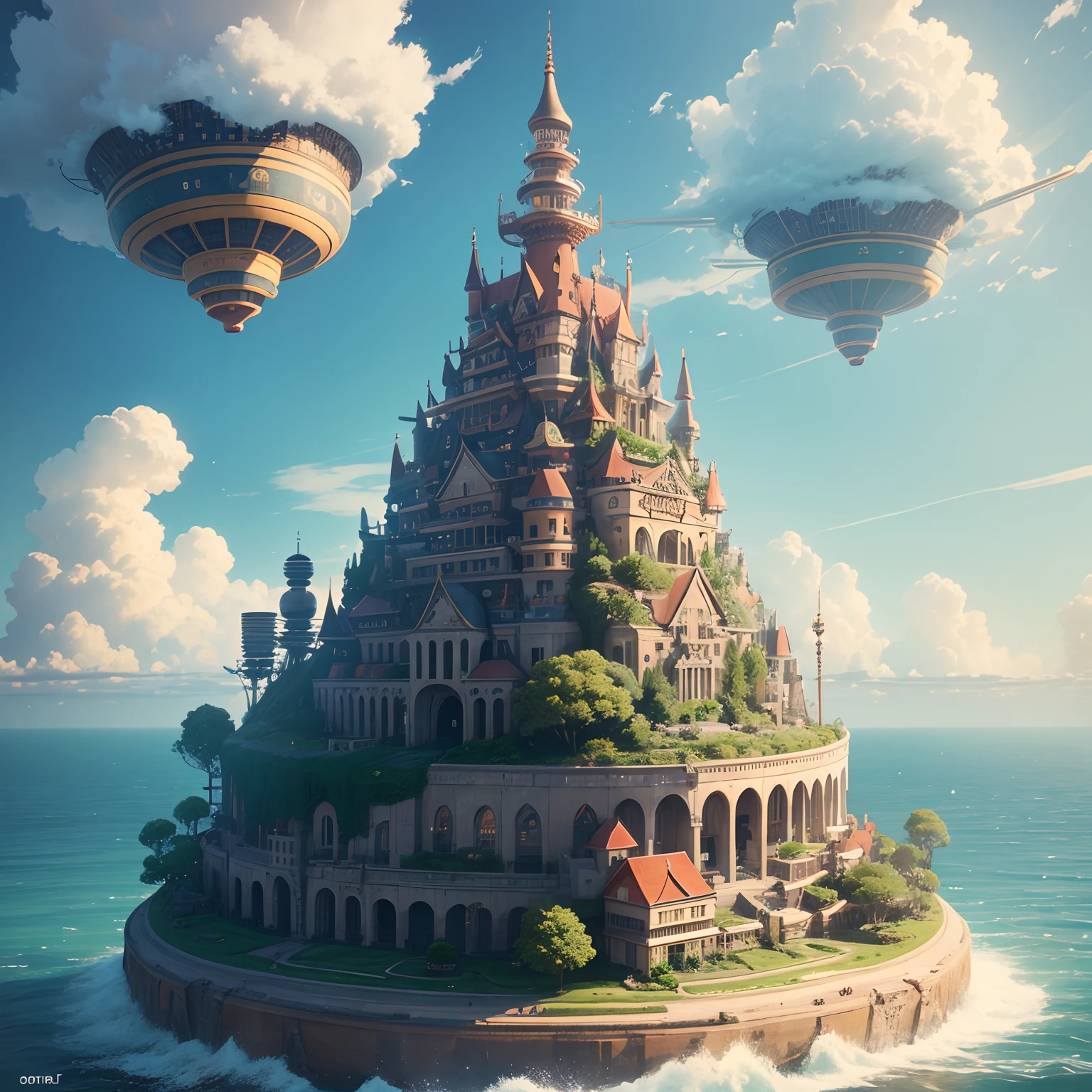 Uninterrupted panoramic view、Many islands々floats in the air、Many small airships are flying around, 城市, Fantasia, Magic plants are growing, Extreme details, Realistic light, Magnificent composition, (intricate-detail), (intricate designs, ultra-detailliert:1.2), art stations, (masterpiece, top-quality), Ulutra HD, 32k --v 6