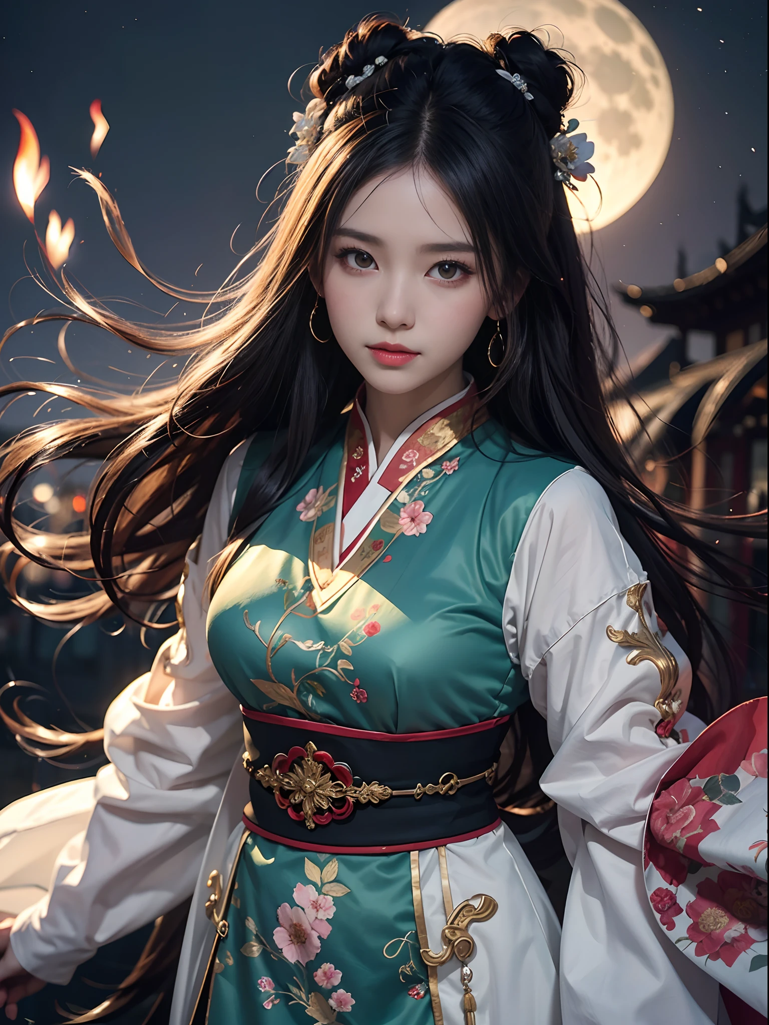 Unbeatable masterpiece, Ultra photo realsisim , Perfect artwork , Intricate details , Best quality , Strong light , High contrast , Dynamic pose , Dutch angle , ((Depth of field)) , (fantasy) , fansty world , An extremely delicate and beautiful) , full moon , 1 rapariga, Rabbit , Chinese_clothes , Night , Floral_print ,Solo , flower , Long hair , Outdoor sunlight , view the viewer , Night sky , Moonlight , Hanfu , (dishiveredhair: 1.1 ) , Silk streamers , (breezy:1.1)