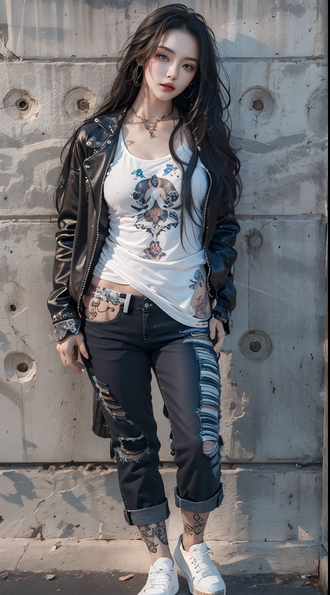 photorealistic, high resolution, soft lights, 1women, 25 years old, solo, hips up, blue eyes, white hair, long hair, jewelry, tattoo, street wear