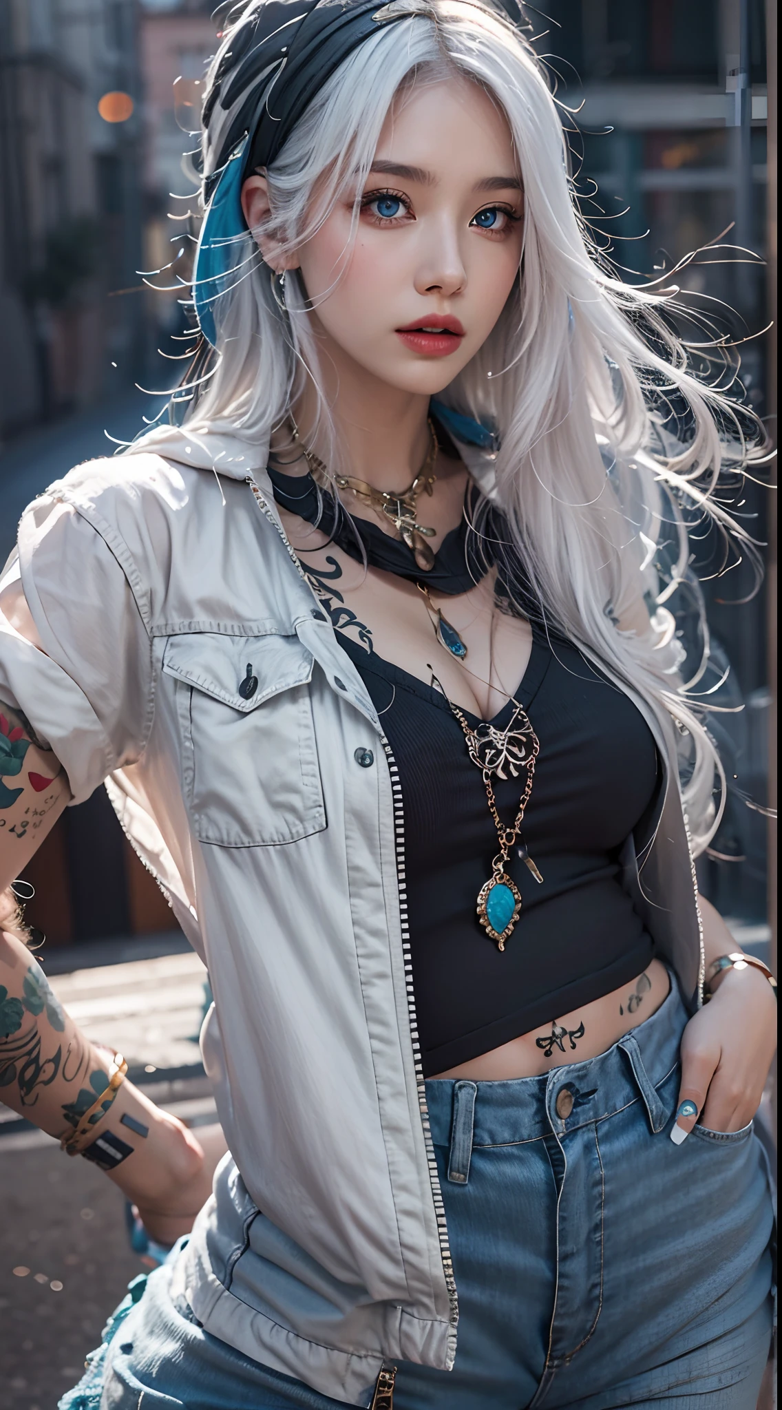 photorealistic, high resolution, soft lights, 1women, 25 years old, solo, hips up, blue eyes, white hair, long hair, jewelry, tattoo, street wear