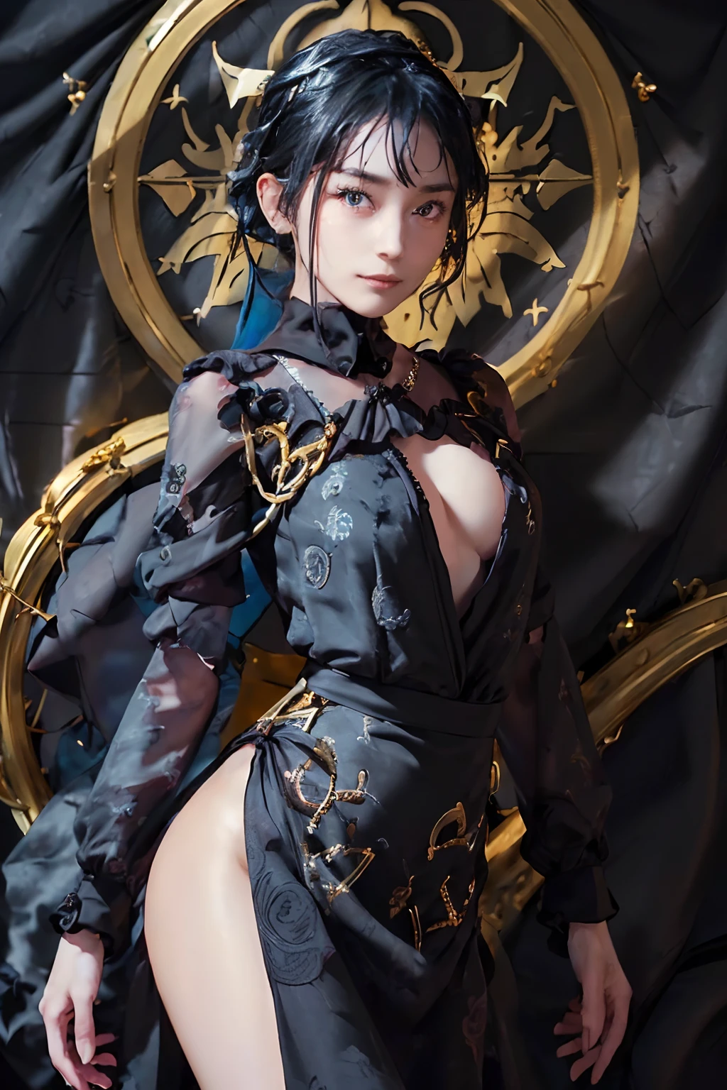 ((top-quality、8K、masterpiece:1.3)), (gold foil, Intricately drawn paisley pattern, Delicate workmanship, (Black Fabric:1.4), maid dress:1.5), (Medium Hair, Beautiful hairstyle, lightbluehair:1.5)、Clear, Fine-grained skin、Beautiful clear eyes、cleavage of the breast、Carefree and natural smile、(Hair disheveled in the wind:1.3)、Beautiful girl with a smile、(thin-waist:1.3)、(Dynamic and provocative poses:1.2)、(Backshots)、(NSFW:1.4)