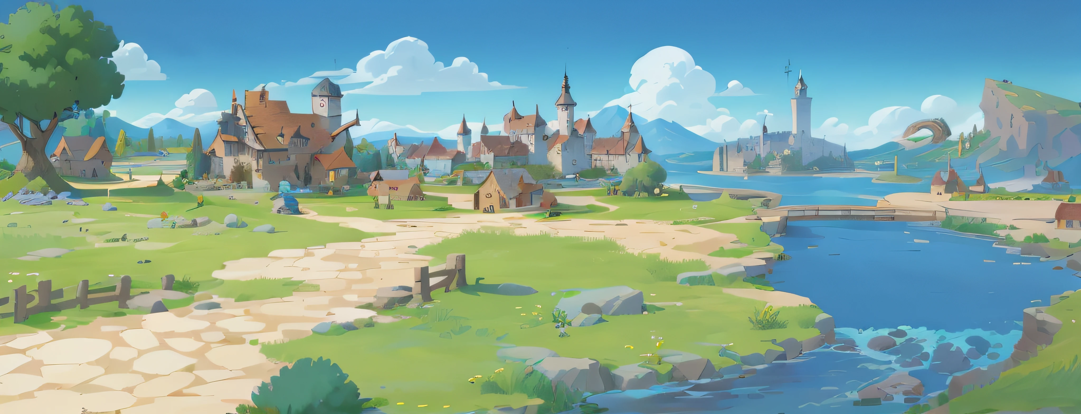 Cartoon illustration of a small village with a river and a bridge, town background, Mobile game background, distant village background, medieval city background, town center background, Mobile game art, renaissance port city background, town in the background, medieval town landscape, tavern background, Castle background, arte de fundo, background fortress, Medieval Castle Background, Game illustration, fairy tale style background