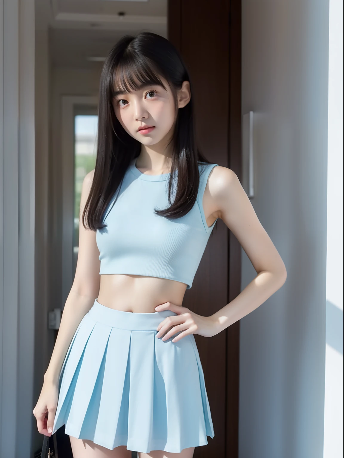 Knees，White pleated skirt，Light blue crop top look，年轻，teens girl，A dark-haired，Twin-tailed，小柄，small tits，Short stature，pupils on，uneasy