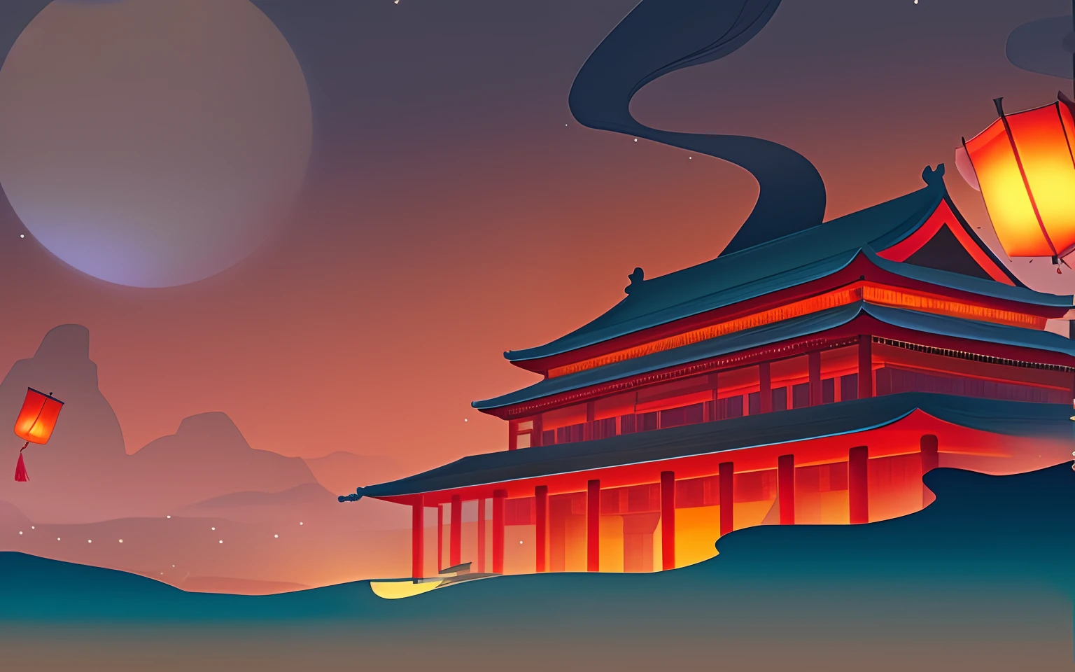 There is a large building, background depicting a temple, Temple background, Chinese style buildings, Night scene,Mountains in the distance,There are lanterns, Stylized digital illustration