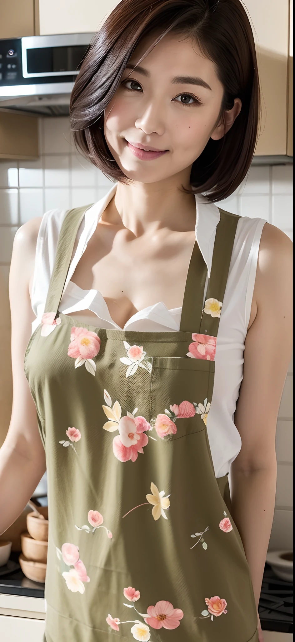 Super huge(1.5)、The most beautiful and obscene mothers(japanes)、Bob Hair、Motherhood is overflowing、masterpiece、top-quality、Top image quality、32K image quality、A body that makes you want to suck、Soft looking、Carnal body、Plump body、super-detaild skin、Standing in the kitchen、Sexy back view、Sleeveless collared shirt on chinos、Floral apron、Emphasis chest、Big breasts that can be seen even from the top of clothes