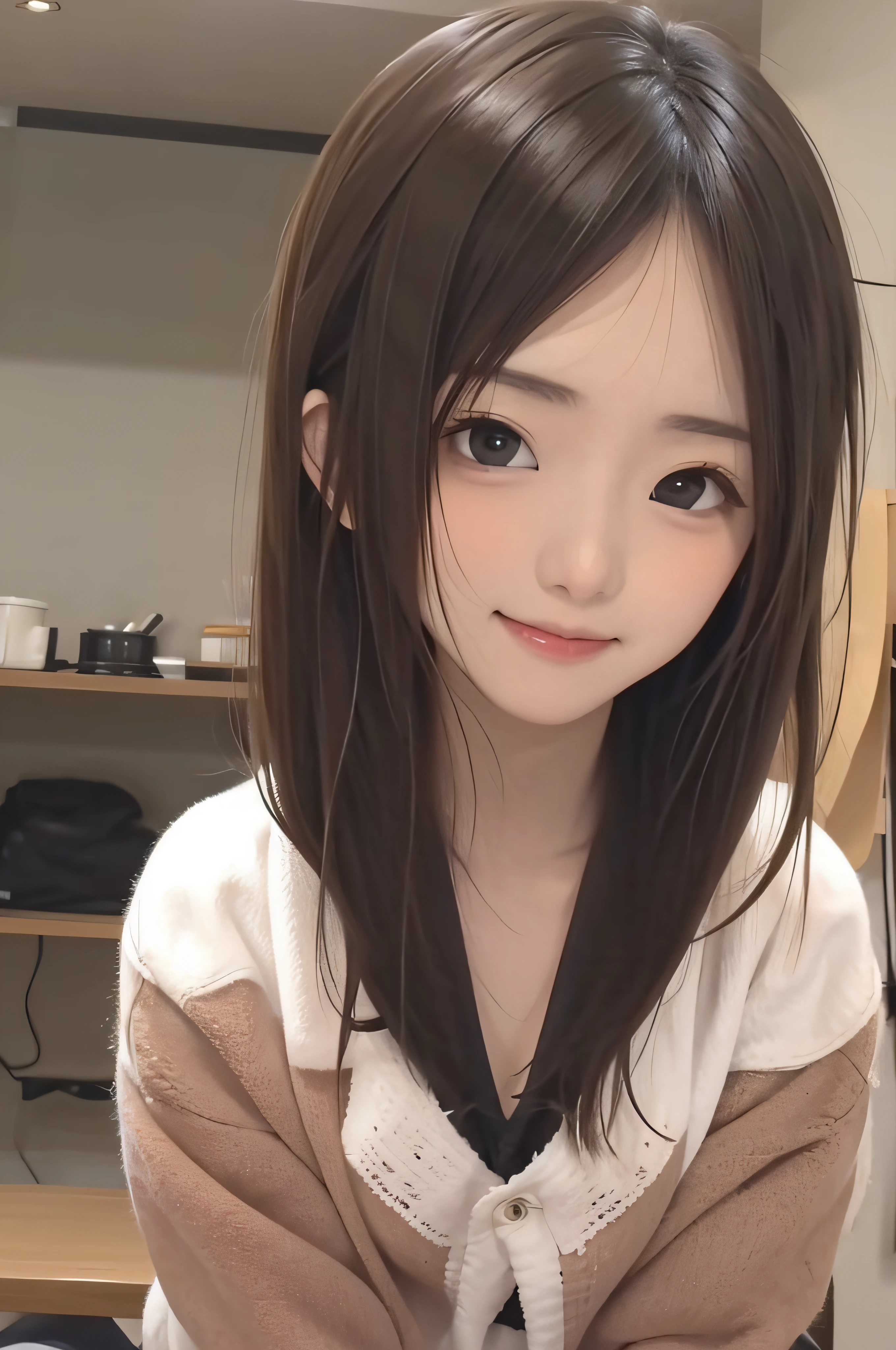 Completely immaculate background、White back、、soio、brown haired、beautidful eyes、real looking skin、A detailed eye、hi-school girl、small tits、tiny chest、(8K、masterpiece)、(reallistic、Photorealsitic)、top-quality、ighly detailed、The ultra-detailliert、Beautie、cute little、japanes、a smile、Close-up portrait、Healthy face、schools、School uniform、Cardigan、plaid skirts
