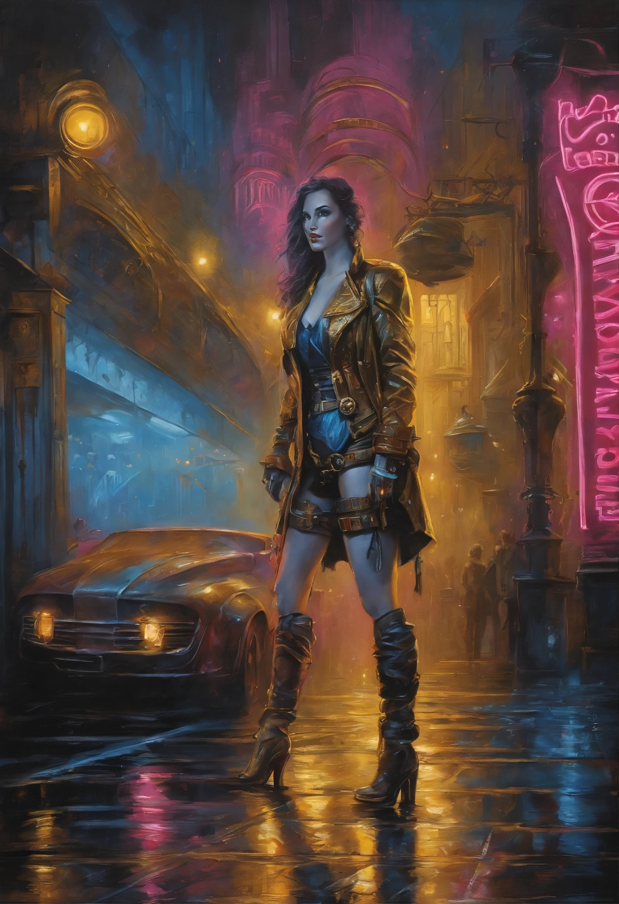 Oil painting of a steampunk/cyberpunk hybrid girl standing in street, messy shapeless hair, ((futuristic (bronze colored) steampunk hypercar in street)),  (Steampunk Cyberpunk Cityscape)、(midnight、cyberpunk, asphalt、graffiti art、Reflectors、Shops、kiosk、Walkway、a street、police officers、taxis)、(Skyscraper、Foggy:1.4)、 ((pedestrians、Large crowds on street))、 ((neon signs、Blue Neon、Pink neon、Yellow neon:1.4)), rain puddles on street reflecting lights, John William Waterhouse style.