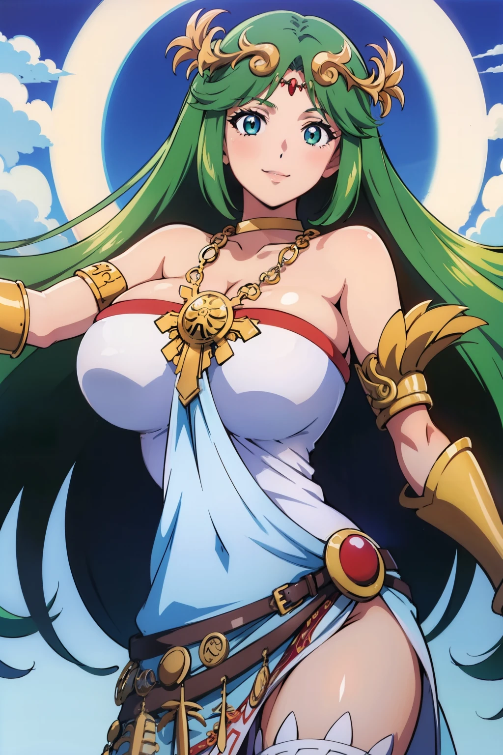 1990s anime cels style, 1990s manga style, best quality, high resolution, 1girl, (huge breasts), Beautiful face, smile, hmpa1, palutena, parted bangs, tiara, large breasts, necklace, bare shoulders, strapless dress, vambraces, belt, white dress, white thighhighs, single thighhigh, sky