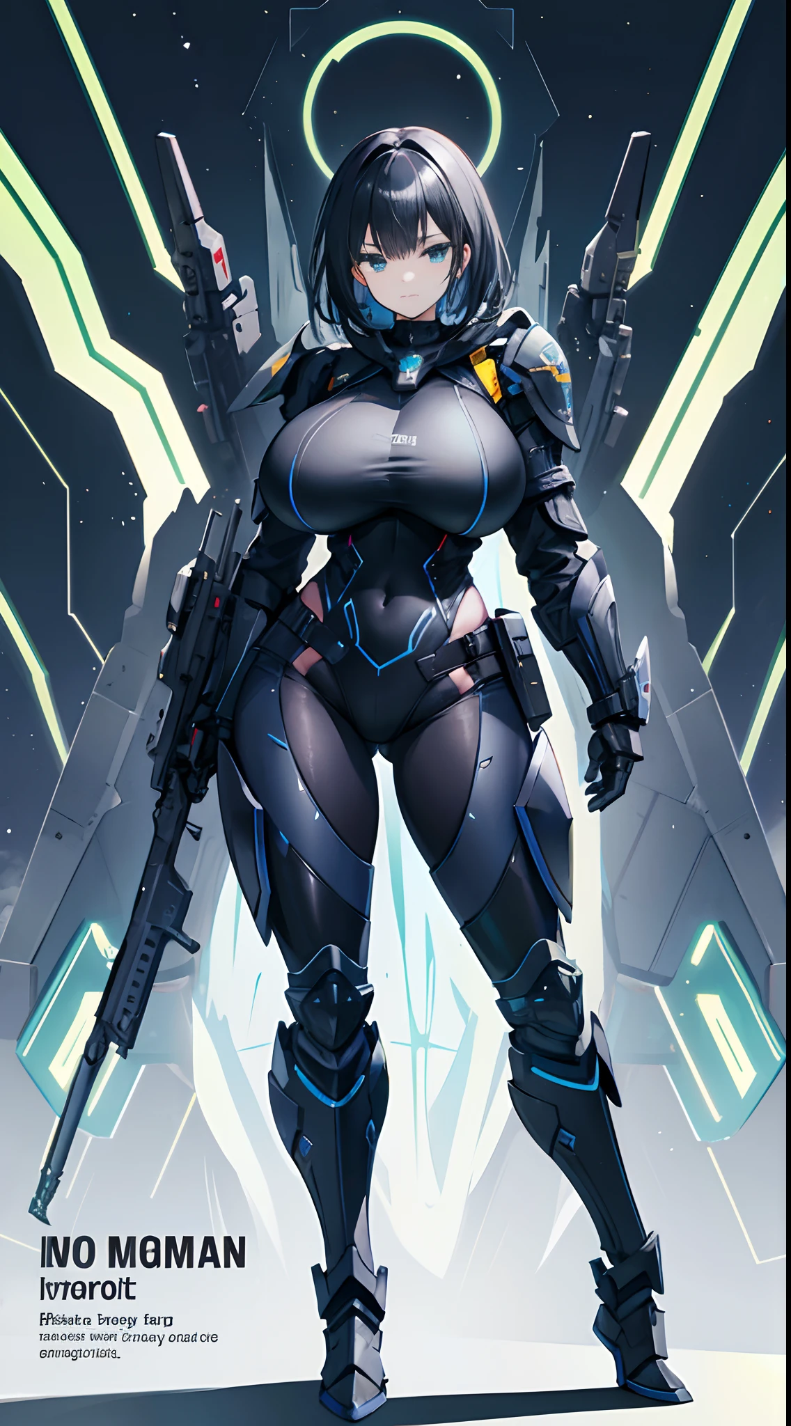 black color hair，scifi style，Armor in medieval style，machine armor，Fluorescent armor, solo person, Solo,(gigantic breasts:1.3)，European knights，machine girl，Cover your entire face，Full cover mask，blindfolds，Black iron boots，Black hand armor，Full body like，Stand at the night of the aurora，Walk in the wilderness，white backgrounid，simplebackground, technological background,