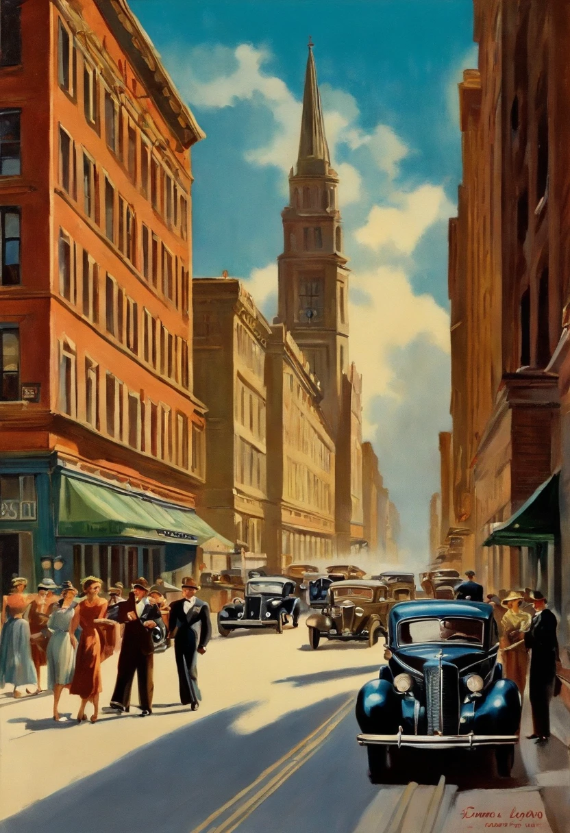 painting of a city street with cars and people walking on the sidewalk, american postcard art style, 1 9 4 0 setting, Directed by: Maurice Braun, Os cinco e centavos de Walton, Directed by: Wayne Reynolds, 1 9 4 0 s cena de rua, Vintage postcard, Directed by: Dennis Ashbaugh, 1930, 1 9 3 0, setembro de 1937