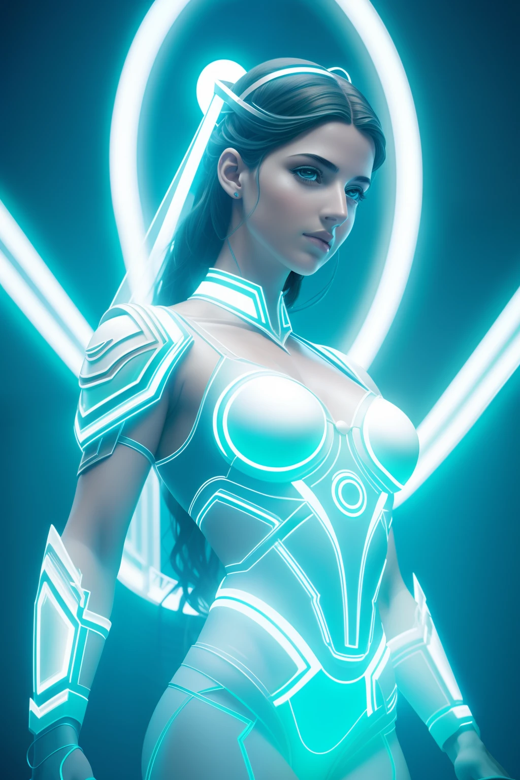 Realistic Photograph of a greek goddess girl, sci-fi, shot, centered, blue green color gel lighting, geometric shadows, glowing lights, symmetry, depth of field, intricate, elegant, highly detailed, digital painting, artstation, concept art, silver and white futuristic costume, smooth, sharp focus, illustration, as imagined by greg rutkowski and borris vallejo