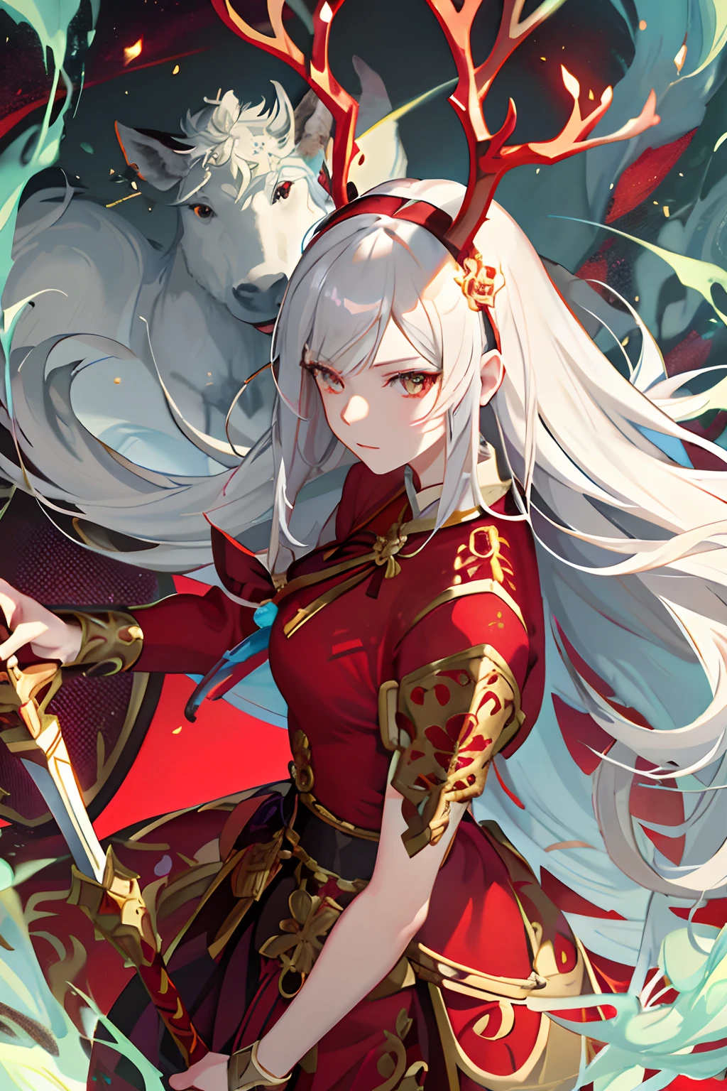 anime girl with white hair and deer horns holding a sword, onmyoji detailed art, onmyoji portrait, edelgard fire emblem, onmyoji, keqing from genshin impact, zhongli from genshin impact, white haired deity, anime fantasy illustration, edelgard from fire emblem, anime fantasy artwork, from arknights, detailed digital anime art