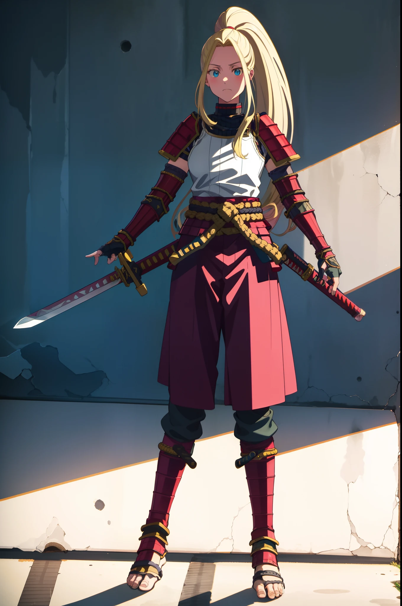 eatrix amerhauser, long hair, blue eyes, blonde hair, gloves, ponytail, (medium breast:1.2), fingerless gloves, armor, japanese armor,standing, sword holding, flipflops, forest