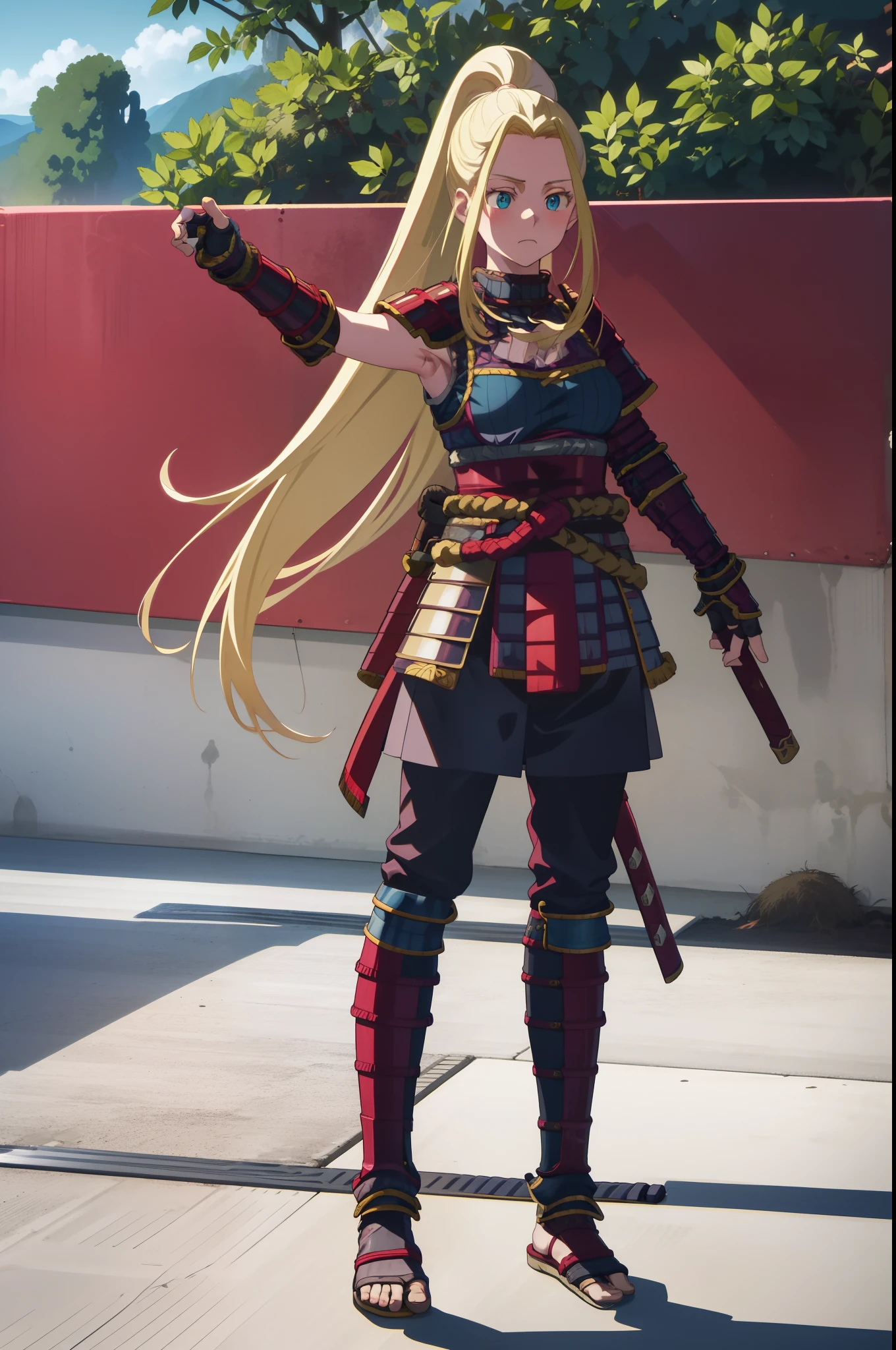 beatrix amerhauser, long hair, blue eyes, blonde hair, gloves, ponytail, (medium breast:1.2), fingerless gloves, armor, japanese armor,standing, sword holding, flipflops, forest