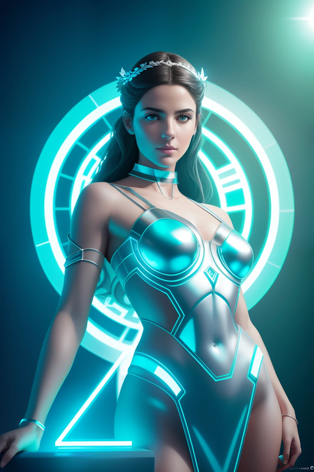 Realistic Photograph of a greek goddess girl, sci-fi, shot, centered, blue green color gel lighting, geometric shadows, glowing lights, symmetry, depth of field, intricate, elegant, highly detailed, digital painting, artstation, concept art, silver and white futuristic costume, smooth, sharp focus, illustration, as imagined by greg rutkowski and borris vallejo