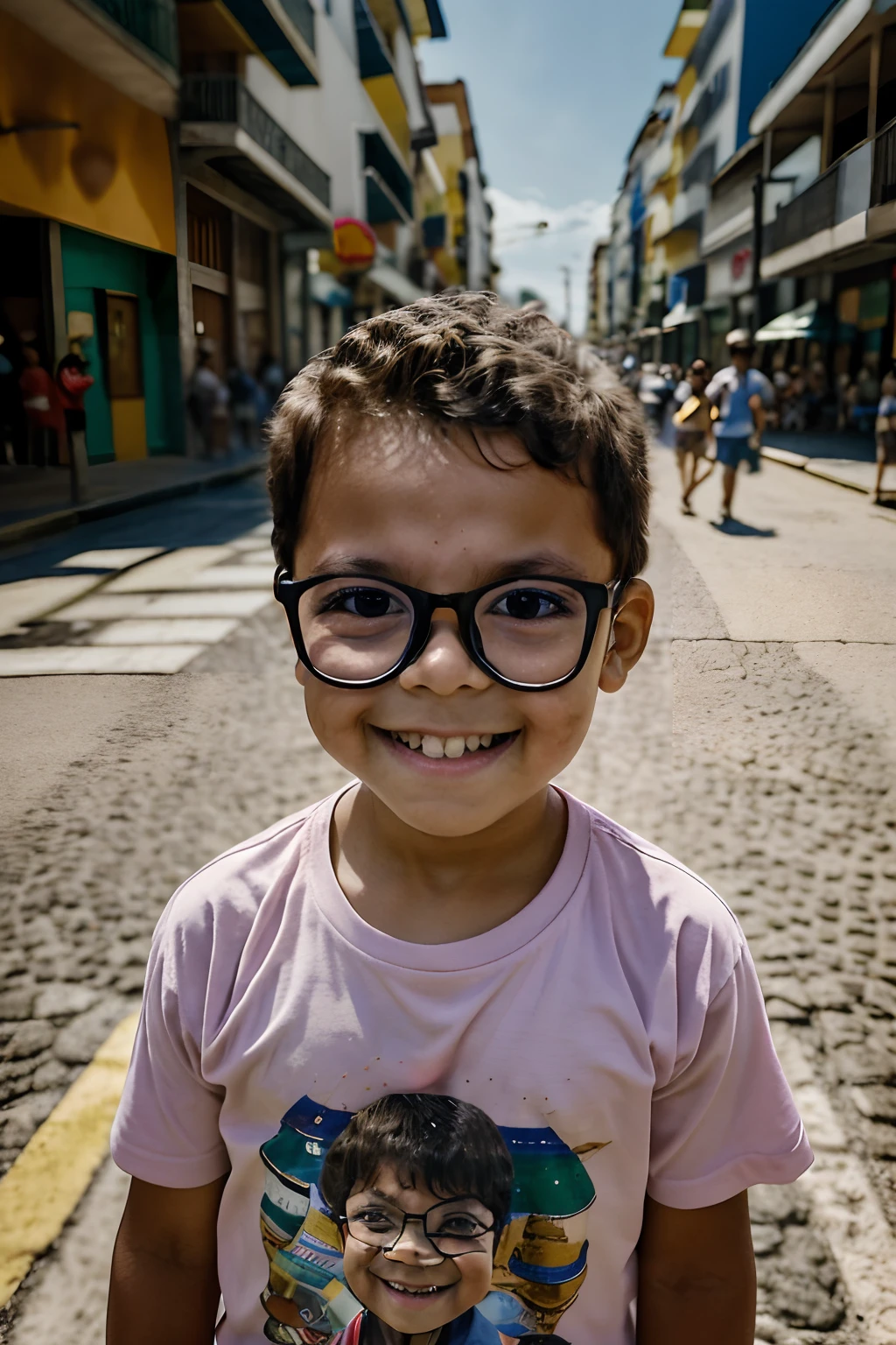 Crie um retrato encantador de um alegre garoto de 3 anos, with glasses that enhance his curious expression. He's wearing light summer clothes, refletindo o dia ensolarado. A cena se desenrola em uma rua movimentada de uma cidade, onde pessoas caminham apressadamente ao fundo. O sol brilha intensamente, casting a warm glow over the boy and the environment. Use a pronounced background blur to emphasize the boy and his animated spirit, Creating a portrait that highlights the joy of childhood amid the hustle and bustle of the city.