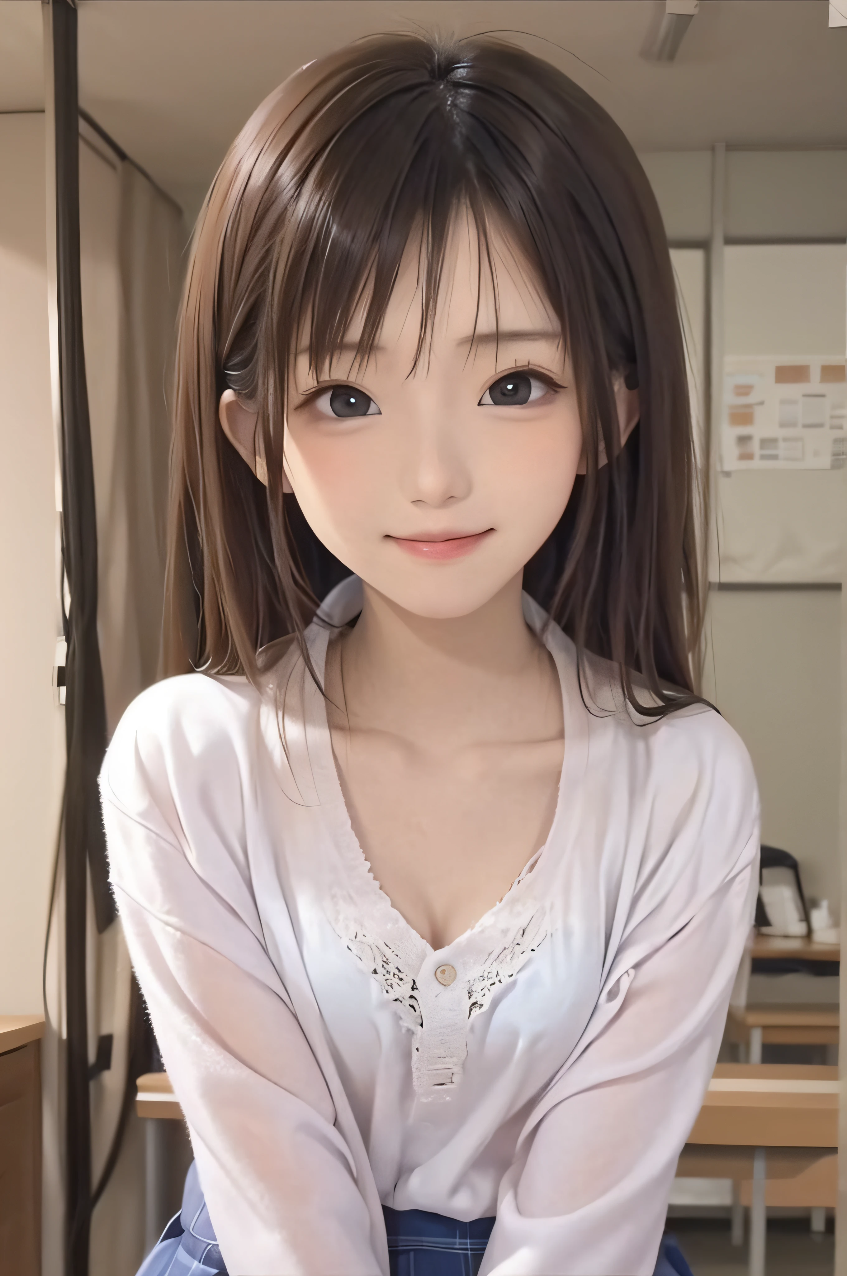 Completely immaculate background、White back、、soio、brown haired、beautidful eyes、real looking skin、A detailed eye、hi-school girl、small tits、tiny chest、(8K、masterpiece)、(reallistic、Photorealsitic)、top-quality、ighly detailed、The ultra-detailliert、Beautie、cute little、japanes、a smile、Close-up portrait、Healthy face、schools、School uniform、Cardigan、plaid skirts