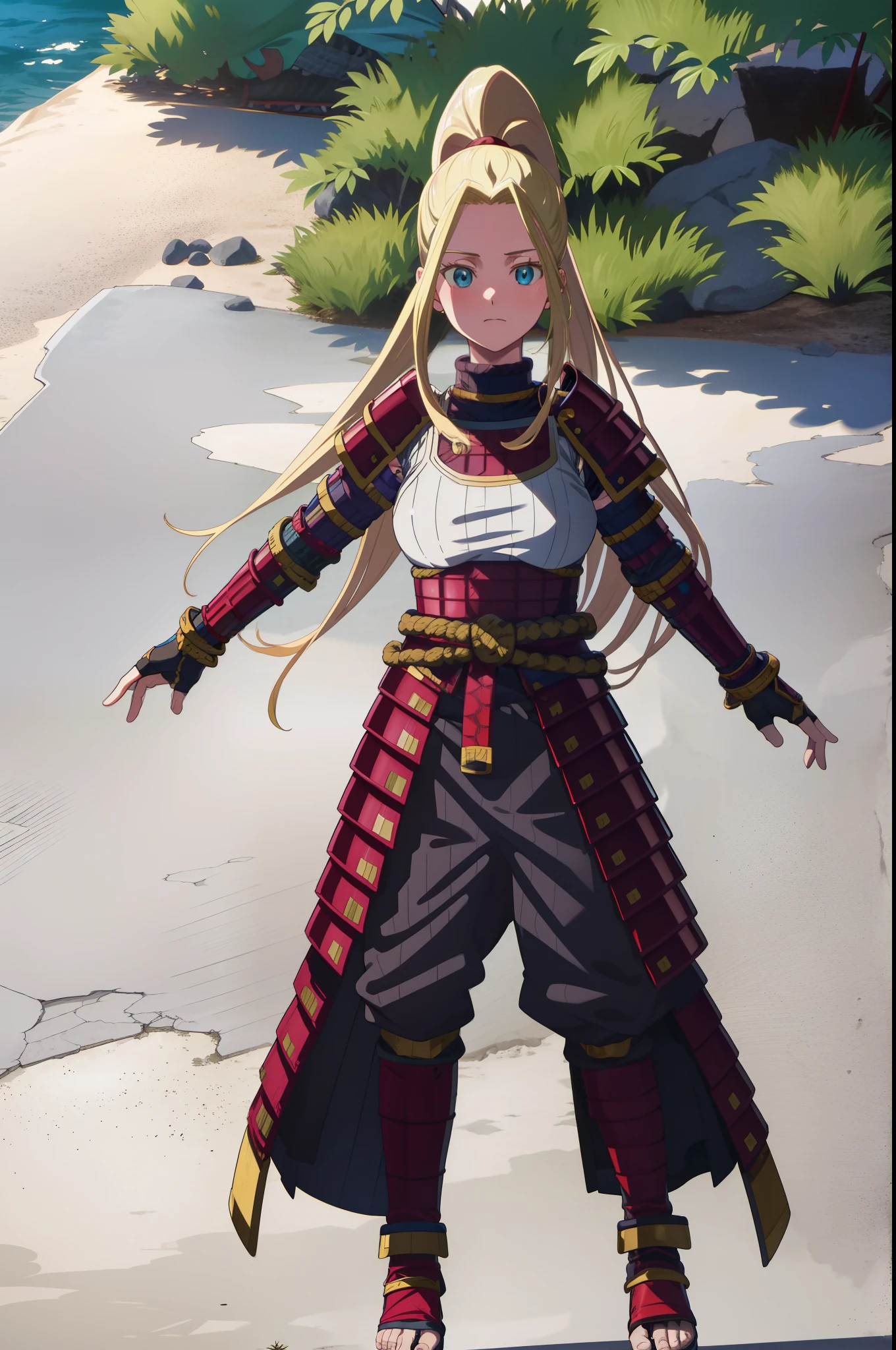 beatrix amerhauser, long hair, blue eyes, blonde hair, gloves, ponytail, (medium breast:1.2), fingerless gloves, armor, japanese armor,standing, sword holding, flipflops, forest