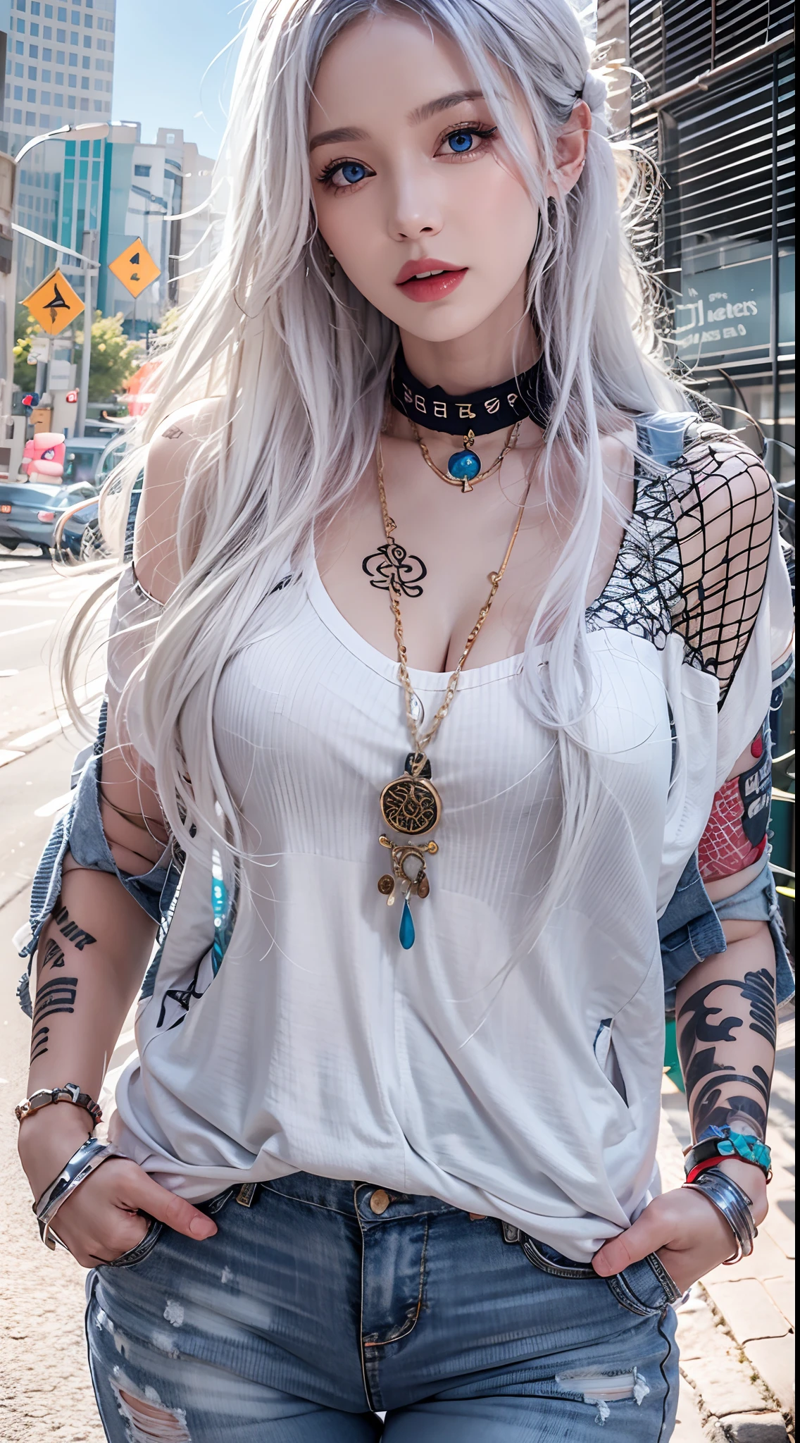 photorealistic, high resolution, soft lights, 1women, 25 years old, solo, hips up, blue eyes, white hair, long hair, jewelry, tattoo, street wear