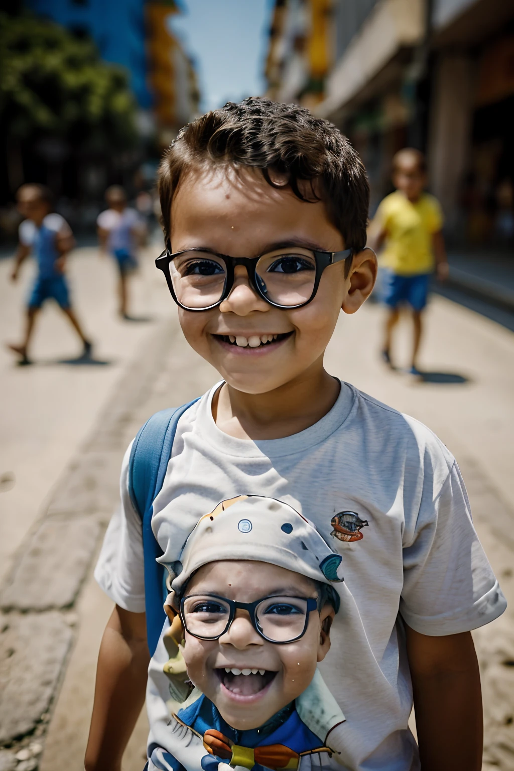 Crie um retrato encantador de um alegre garoto de 3 anos, with glasses that enhance his curious expression. He's wearing light summer clothes, refletindo o dia ensolarado. A cena se desenrola em uma rua movimentada de uma cidade, onde pessoas caminham apressadamente ao fundo. O sol brilha intensamente, casting a warm glow over the boy and the environment. Use a pronounced background blur to emphasize the boy and his animated spirit, Creating a portrait that highlights the joy of childhood amid the hustle and bustle of the city.