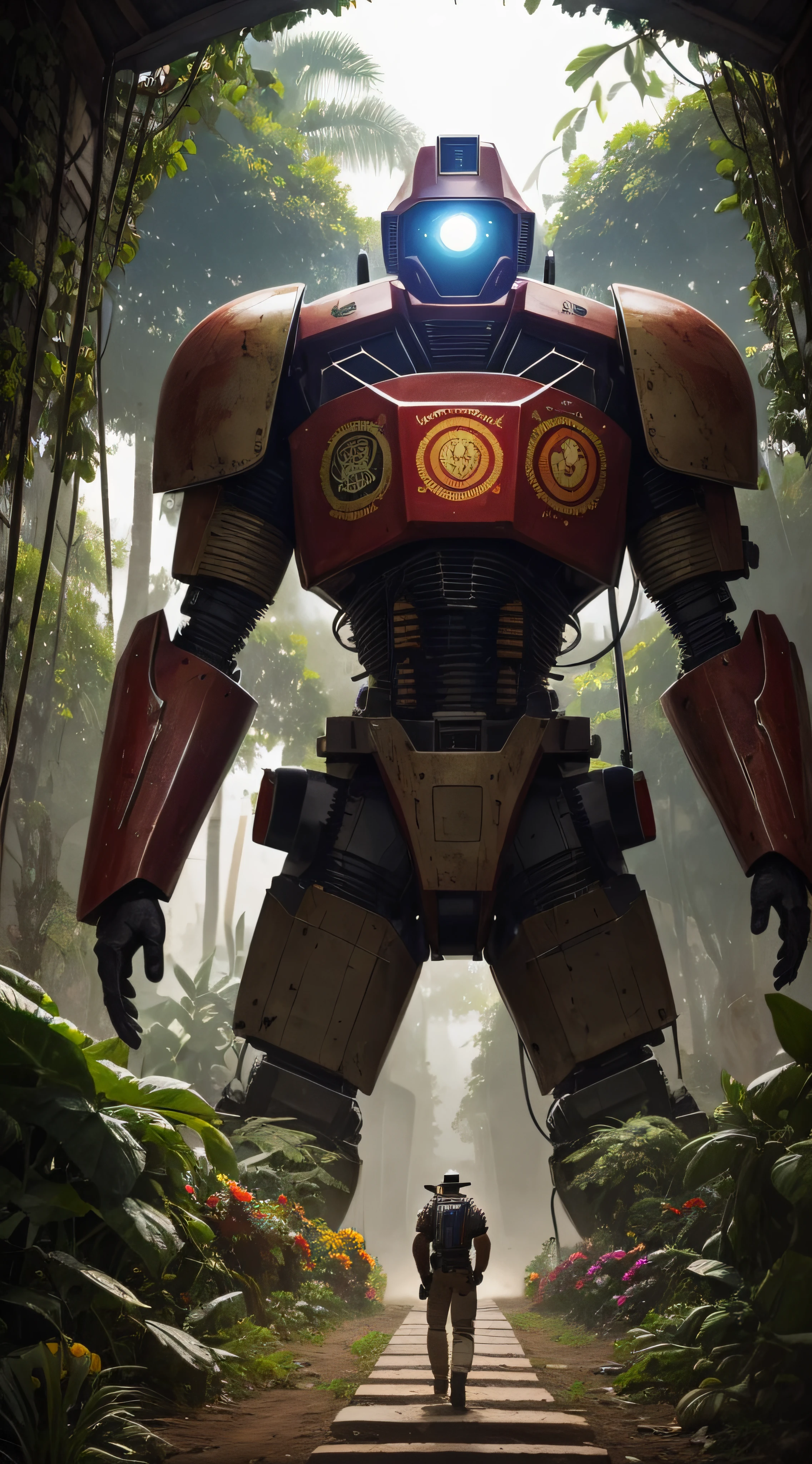 (extremadamente detallado, obra maestra, La mejor calidad, foto antigua, principios de siglo, VHS Aesthetics) Great retro robot with blood in robotic hands. Armas grandes, cannons on his back. motosierras. In the middle of a strange jungle. Vegetables from another dimension. Epic flowers far away, organic trees with meat. Luz noche.