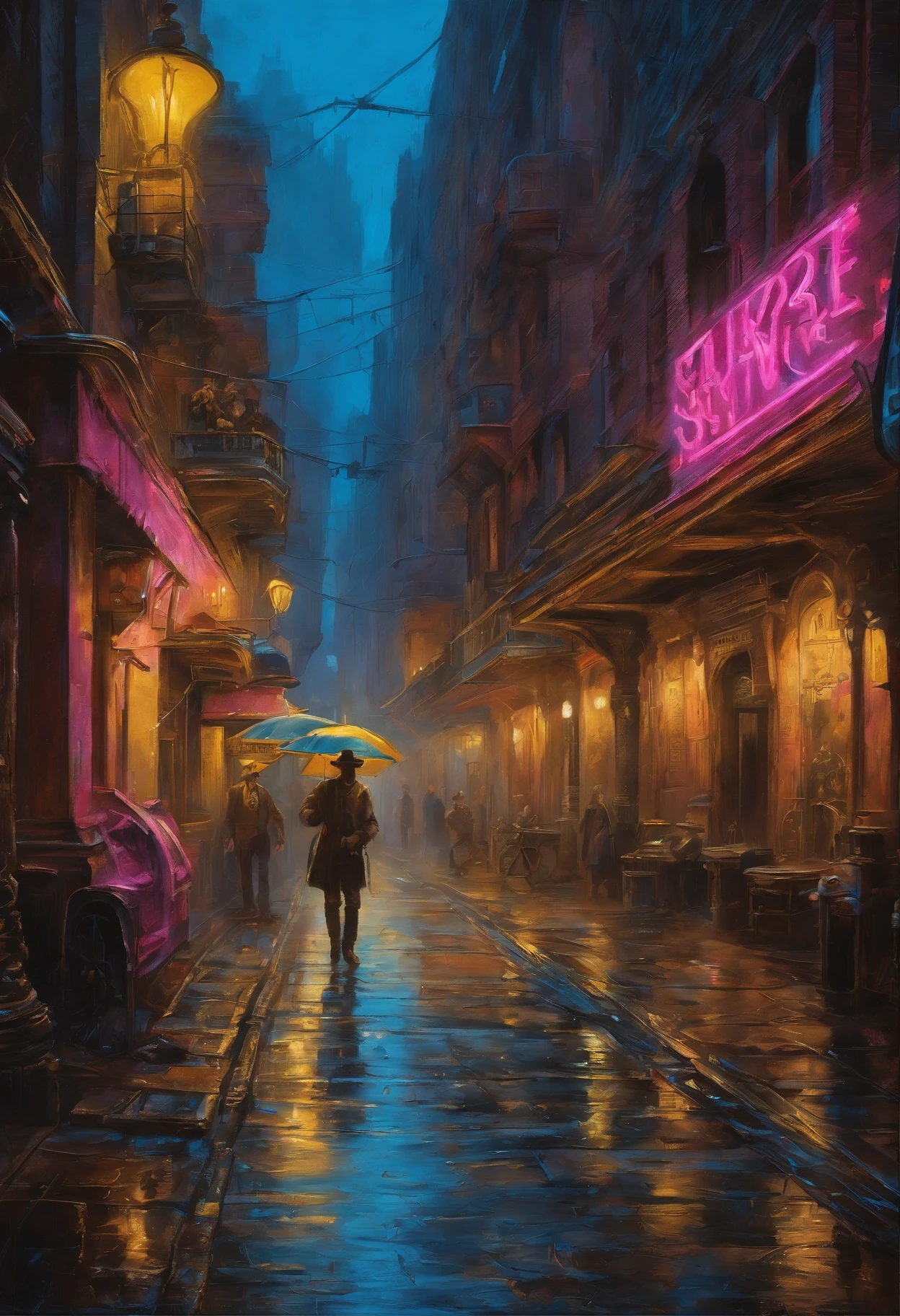 Oil painting of a steampunk/cyberpunk girl in street, (cowboy shot), messy shapeless hair, ((futuristic (bronze colored) steampunk hypercar in street)),  (Steampunk Cyberpunk Cityscape)、(midnight、cyberpunk, asphalt、graffiti art、Reflectors、Shops、kiosk、Walkway、a street、police officers、taxis)、(Skyscraper、Foggy:1.4)、 ((pedestrians、Large crowds on street))、 ((neon signs、Blue Neon、Pink neon、Yellow neon:1.4)), rain puddles on street reflecting lights, John William Waterhouse style.