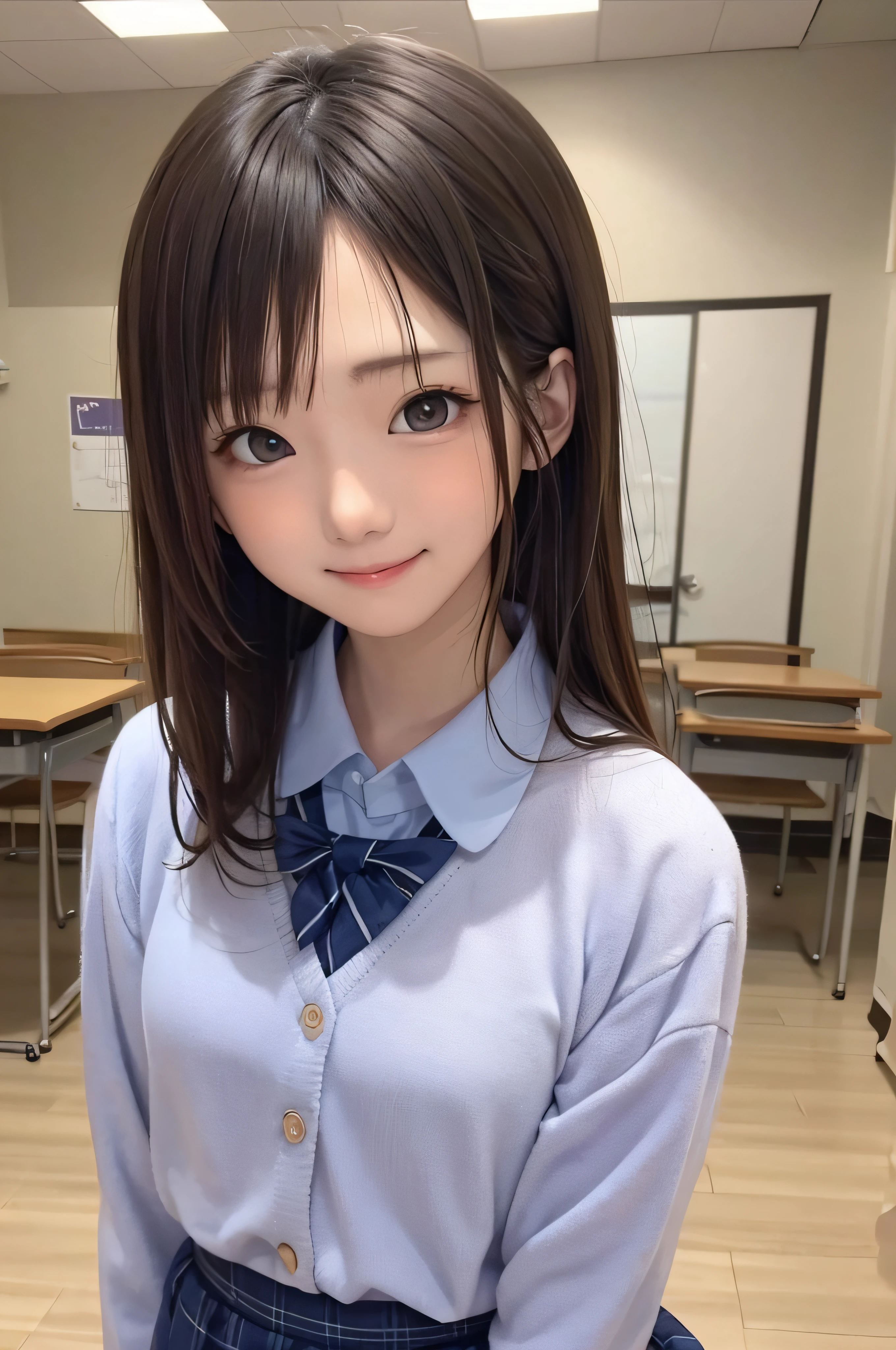 Completely immaculate background、White back、、soio、brown haired、beautidful eyes、real looking skin、hi-school girl、small tits、tiny chest、(8K、​masterpiece)、(reallistic、Photorealsitic)、top-quality、ighly detailed、The ultra-detailliert、Beautie、cute little、japanes、a smile、Close-up portrait、Healthy face、School uniform、Cardigan、plaid skirts