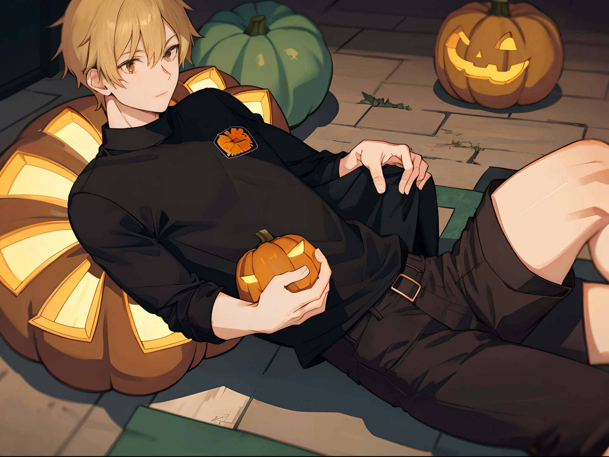 No head,Only the left leg,black shirt,Khaki pants,Holding a pumpkin in his right hand