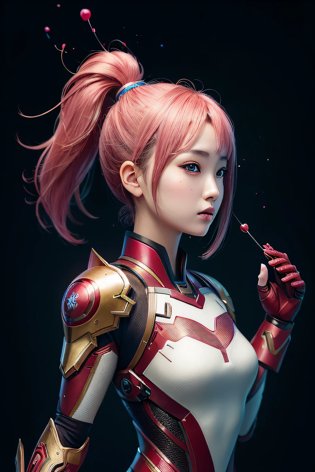 beautiful japanese young woman, wearing ironman armor, thick symmetrical features, very short hair, background is cherry blossoms, pink aura, red lips, octane render,