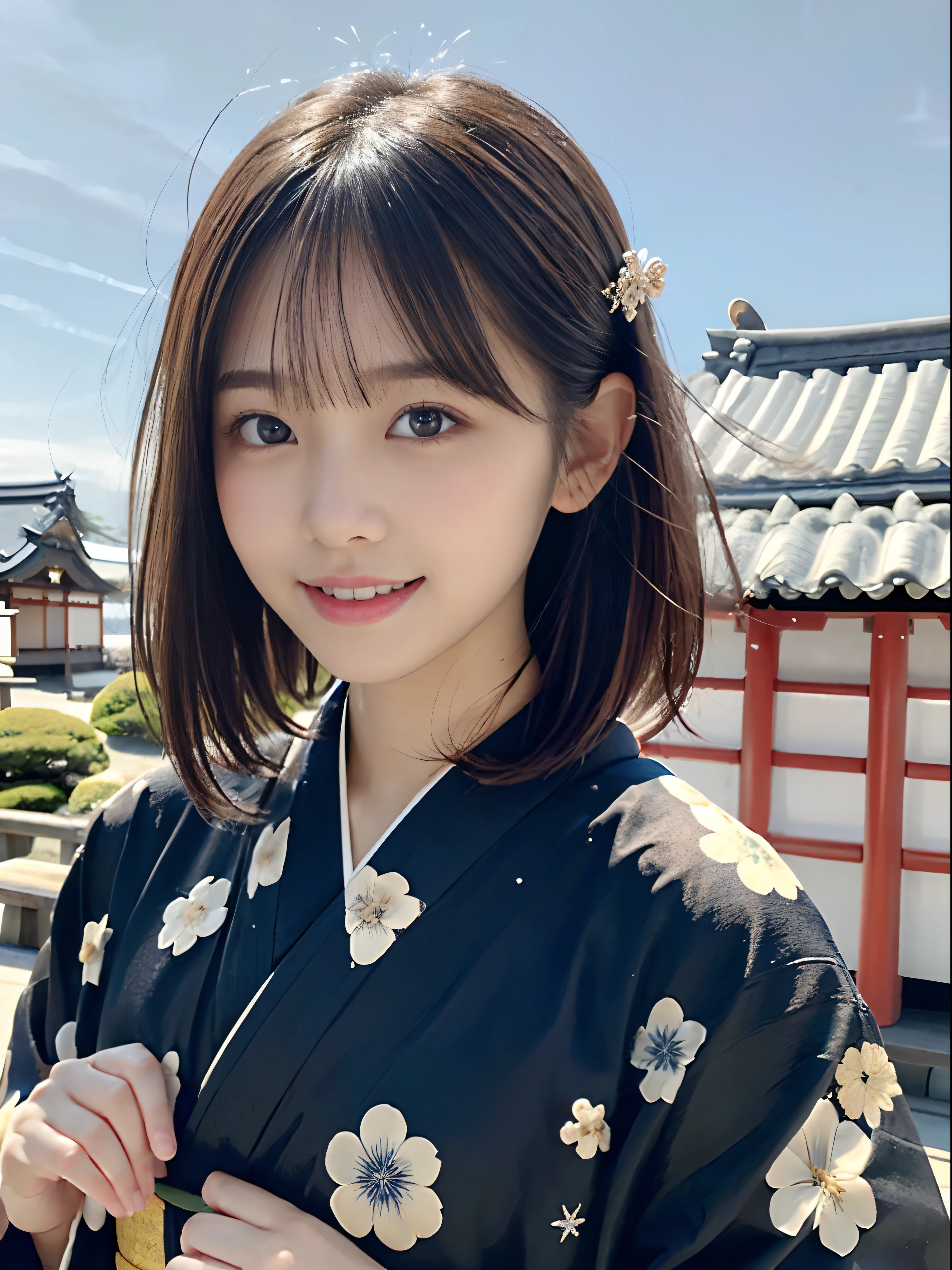 (Close up portrait of girl with dull bangs dumpling hair in beautiful glamorous kimono:1.5)、(One of the girls worshipping the shrine of Japan with a smile:1.3)、(A shrine in Japan with a winter sky:1.5)、(Perfect Anatomy:1.3)、(No mask:1.3)、(complete fingers:1.3)、Photorealistic、Photography、masutepiece、top-quality、High resolution, delicate and pretty、face perfect、Beautiful detailed eyes、Fair skin、Real Human Skin、pores、((thin legs))、(Dark hair)