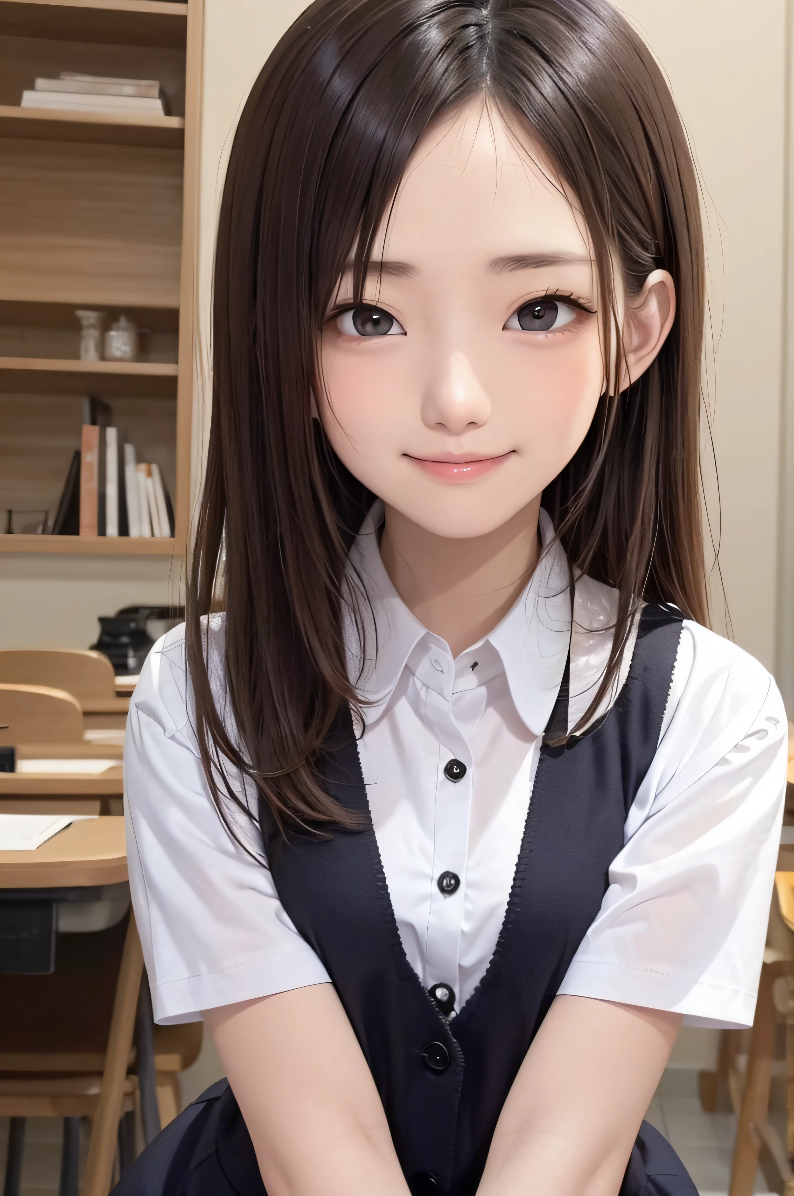 Completely immaculate background、White back、15yo student、soio、brown haired、beautidful eyes、real looking skin、hi-school girl、small tits、tiny chest、(8K、​masterpiece)、(reallistic、Photorealsitic)、top-quality、ighly detailed、The ultra-detailliert、Beautie、cute little、japanes、a smile、Close-up portrait、Healthy face、School uniform、Cardigan、plaid skirts