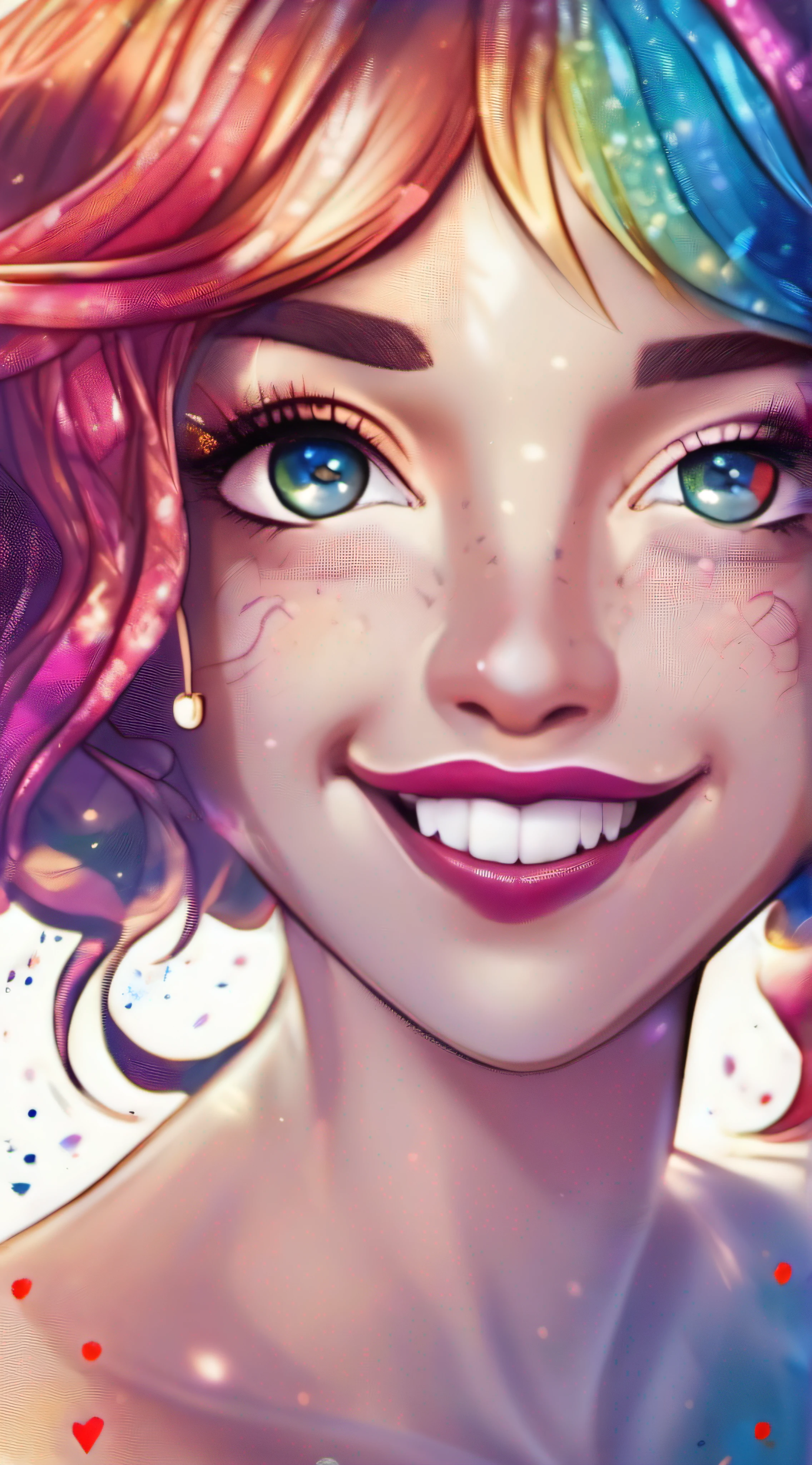 multicolored hair, Wavy hair, Heart-shaped pupils, Gradient eyes, Makeup, ssmile, Minimalism, Pointillism, Sparkle, god light, Vignetting, zoom layer, Perspective, Close-up, Bokeh, High details
