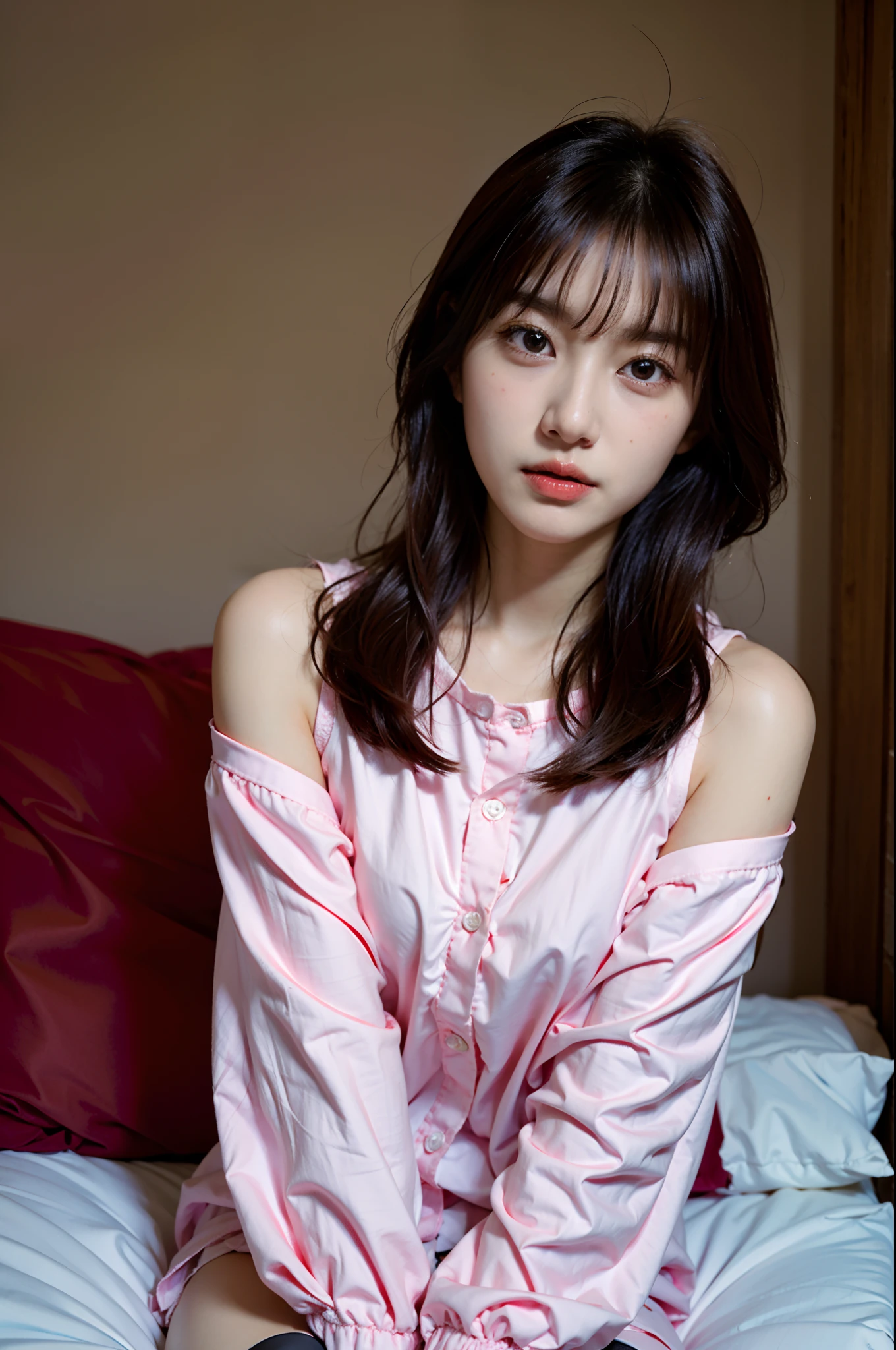 there is a woman sitting on a bed with a pink shirt, young and cute girl, korean girl, gorgeous young korean woman, beautiful south korean woman, sitting on the bed, beautiful young korean woman, sitting on her bed, sitting on a bed, a cute young woman, she has a cute face, cute young girl, pretty face with arms and legs