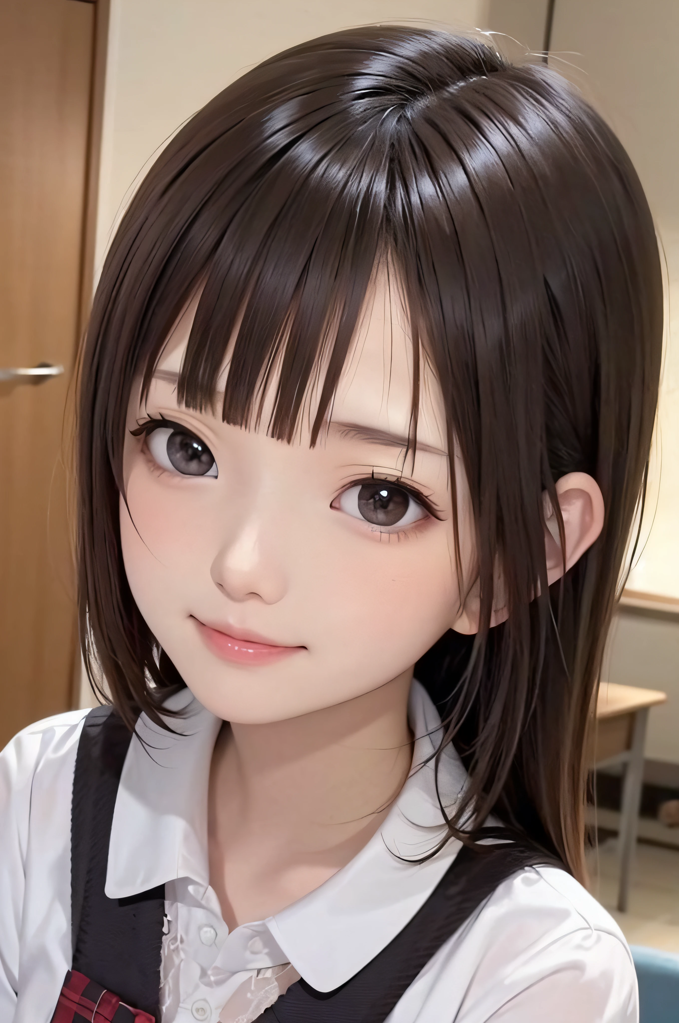 Completely immaculate background、White back、15yo student、soio、brown haired、beautidful eyes、real looking skin、hi-school girl、small tits、tiny chest、(8K、​masterpiece)、(reallistic、Photorealsitic)、top-quality、ighly detailed、The ultra-detailliert、Beautie、cute little、japanes、a smile、Close-up portrait、Healthy face、School uniform、Cardigan、plaid skirts