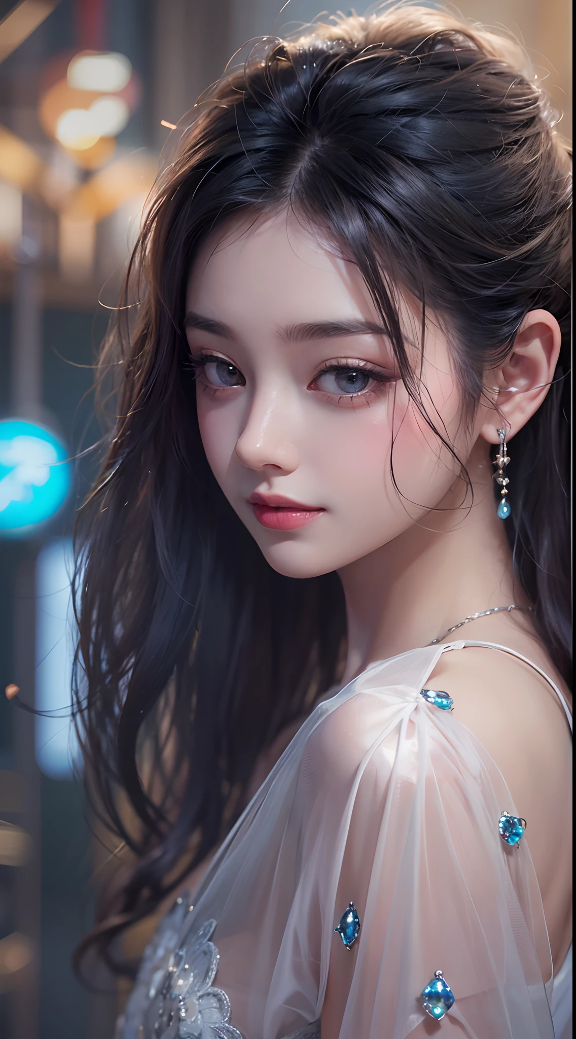 1girll,(enchanced quality:1.4),(Top quality true texture skin), Delicate face,Black hair, Gradient hair, Petite body,(perfect bodies:1.1), There are precious stones on the forehead, rimless eyewears, Sparkling pupils,long eyelasher,grin, hyper photorealism, Cinematic lighting, projected inset, surrealism, hyper HD, Masterpiece, 16k,Lie down,dream on,Wear transparent silk pajamas,Carmelto,Legs slightly open,Tattooed with,Fantasy space,Luxurious space
