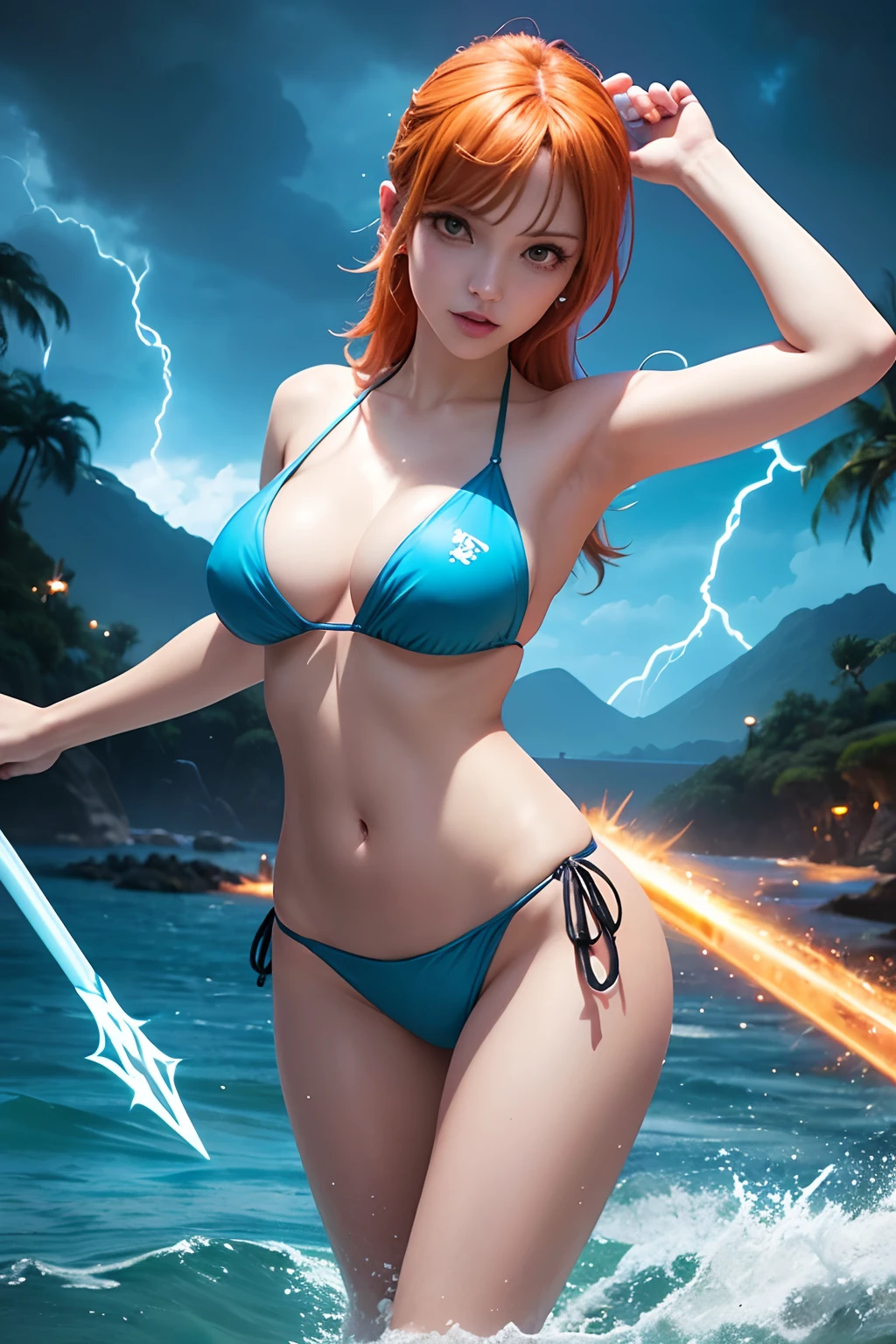 there is a woman in a bikini holding a baseball bat, nami from one piece, nami one piece, deviantart artstation cgscosiety, splashes of lightning behind her, epic digital art illustration, goddess of lightning, epic fantasy digital art style, epic fantasy digital art, 2. 5 d cgi anime fantasy artwork, mermaid cyborg with a laser whip