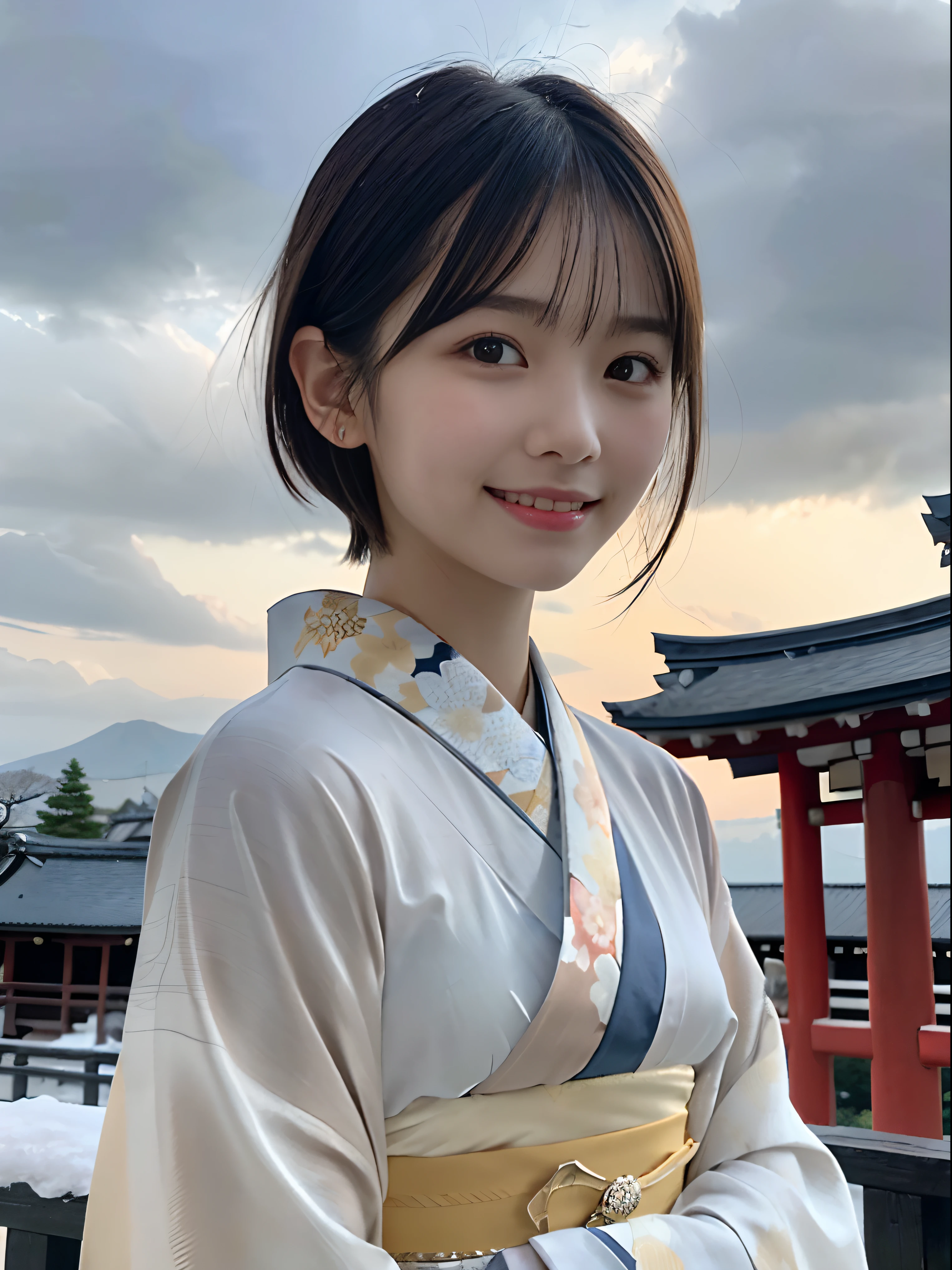 (Close up portrait of short-haired girl with dull bangs in beautiful glamorous kimono:1.5)、(One of the girls enshrining the shrine of Japan with a smile:1.3)、(A shrine in Japan with a winter sky:1.5)、(Perfect Anatomy:1.3)、(No mask:1.3)、(complete fingers:1.3)、Photorealistic、Photography、masutepiece、top-quality、High resolution, delicate and pretty、face perfect、Beautiful detailed eyes、Fair skin、Real Human Skin、pores、((thin legs))、(Dark hair)
