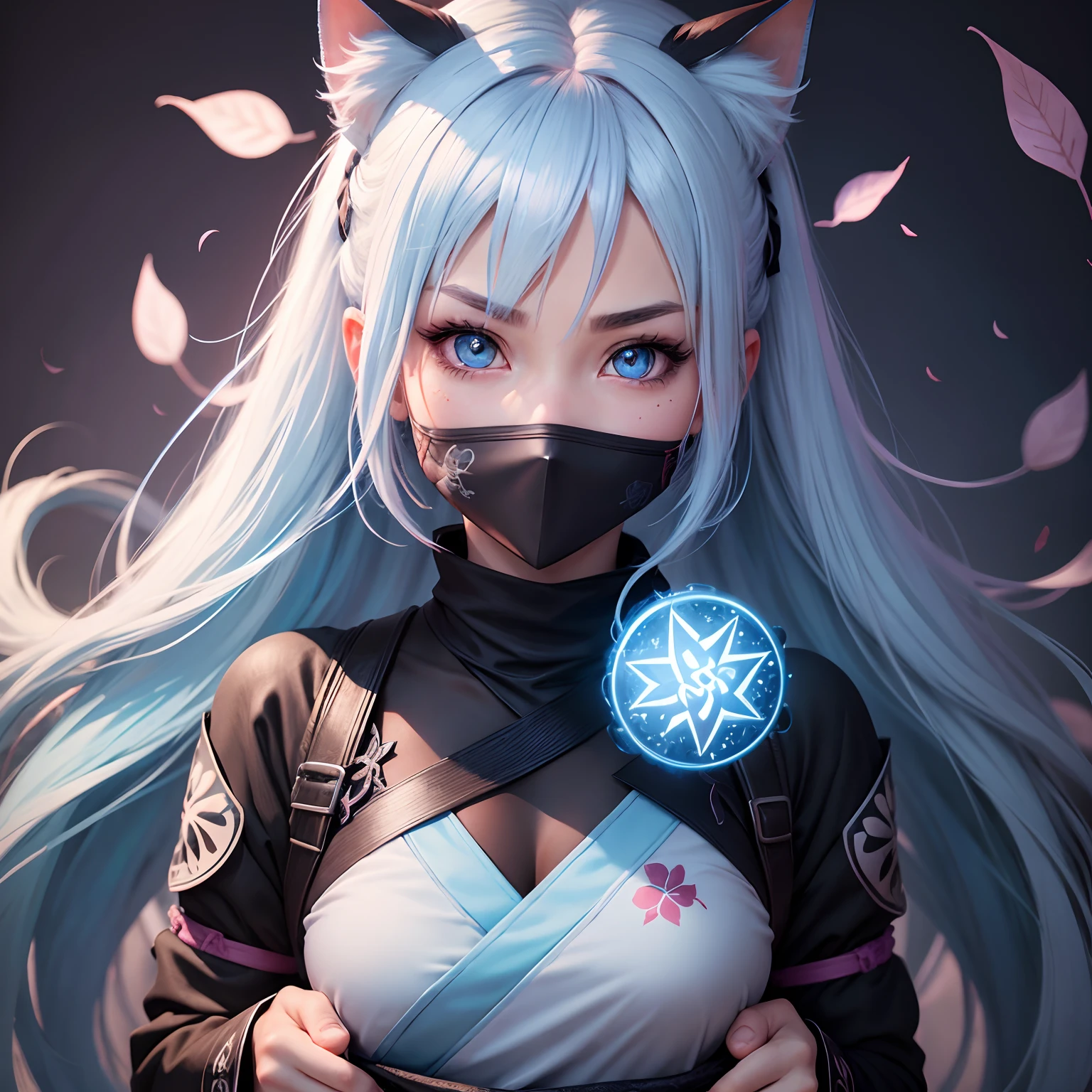 Ninja girl portrait, beatiful white eyes, ultra detailed eyes , blush , light blue hair , 8k , masterpiece ,
dark background , magic symbols , neko ears , face magic symbols , sakura leaves , 25 years old, beatiful girl