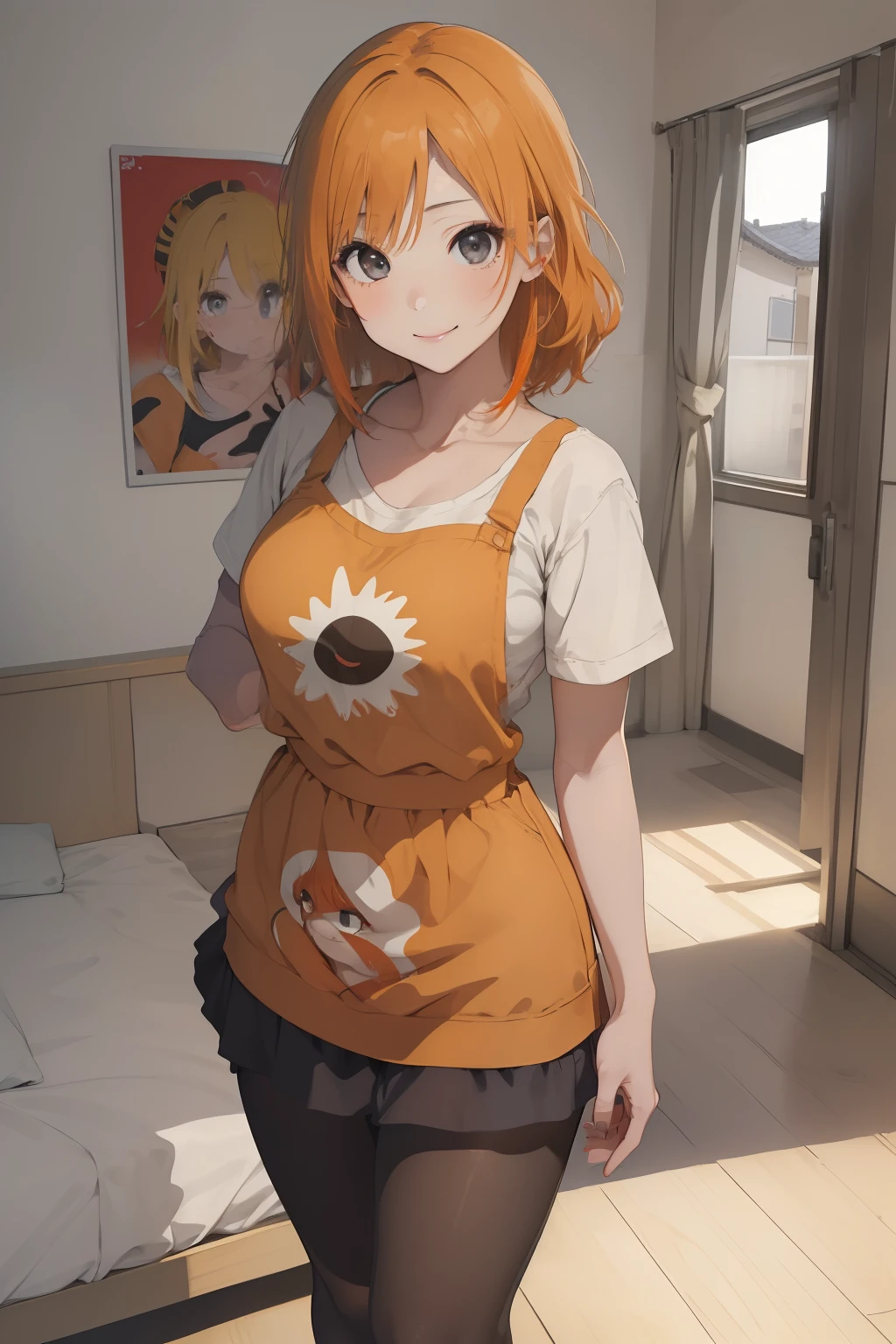 (​masterpiece、top-quality、top-quality、Beautifully Aesthetic:1.2)、1 girl in、ighly detailed、highestdetailed、grey  eyes、orange color hair|Semi-long blonde hair、((Sunny Clothes))、(pantyhose)、Matsumoto Rangiku、graffiti art、Look at the viewer、A smile、Bedroom、on the beds、((Short length))、