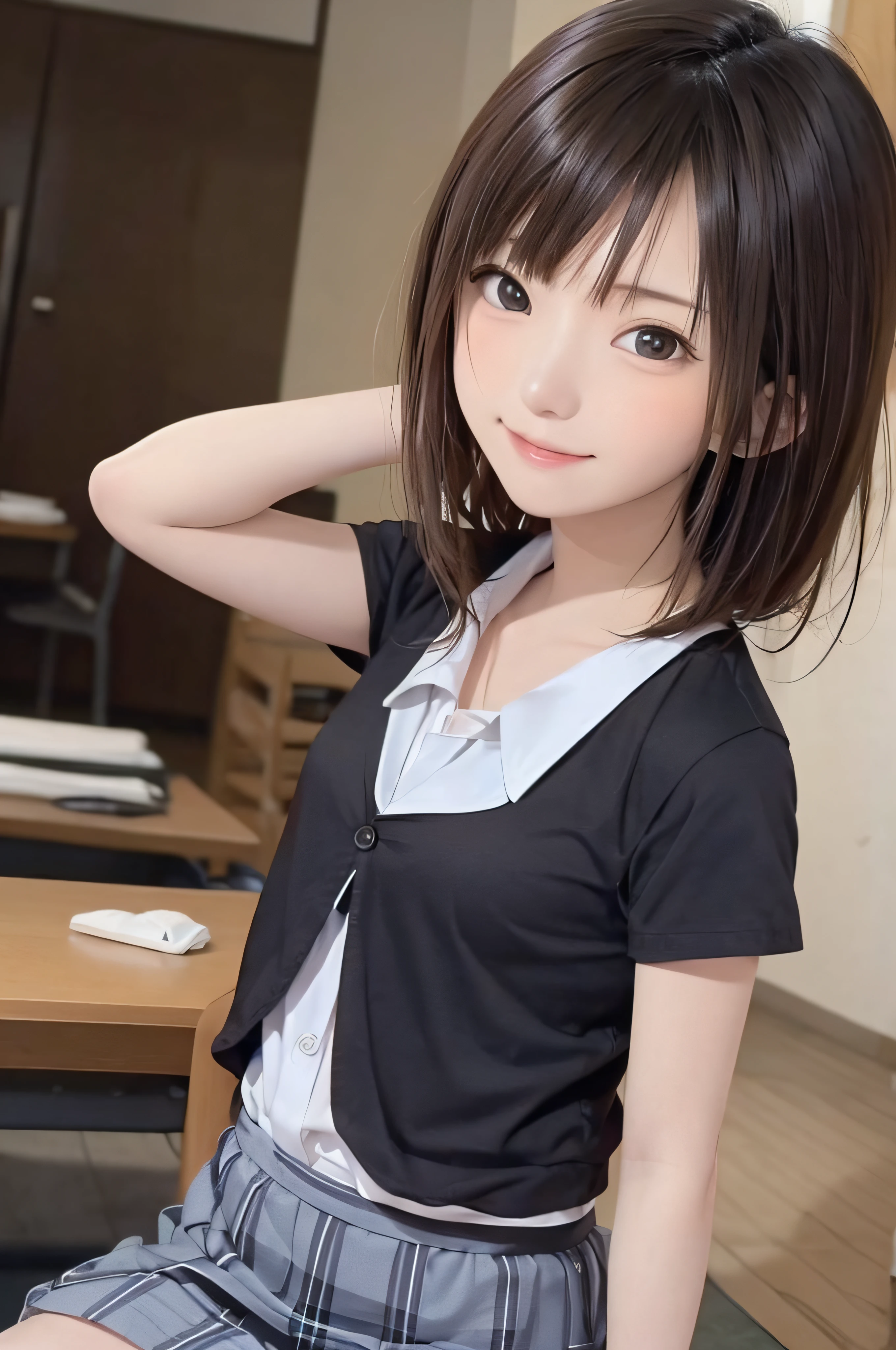 Completely immaculate background、White back、15yo student、soio、brown haired、beautidful eyes、real looking skin、hi-school girl、small tits、tiny chest、(8K、masterpiece)、(reallistic、Photorealsitic)、top-quality、ighly detailed、The ultra-detailliert、Beautie、cute little、japanes、a smile、Close-up portrait、Healthy face、School uniform、Cardigan、plaid skirts