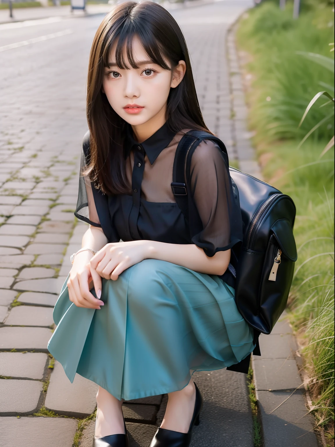 top-quality，Knees，Cobblestones by the sea，backpack，A dark-haired，Pleated miniskirt，Black sheer short-sleeved blouse，( girl)