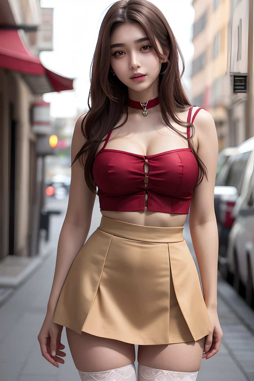 a beautiful yo Turki woman, look at viewer, spaghetti strap top, high waist short skirt , thighhighs, realistic, best quality, hires, detailed face, detailed background,
