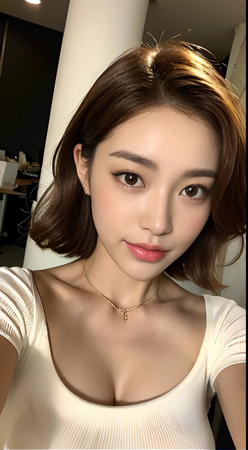 ((Best quality, 8k, Masterpiece: 1.3)), Sharp focus: 1.2, A pretty woman with perfect figure: 1.4, Slim abs: 1.2, ((Layered haircut, Big breasts: 1.2)), (White long shirt with white buttons: 1.1), (Rain, Street: 1.2), Wet body: 1.5, Highly detailed face and skin texture, Detailed eyes, eating a banana