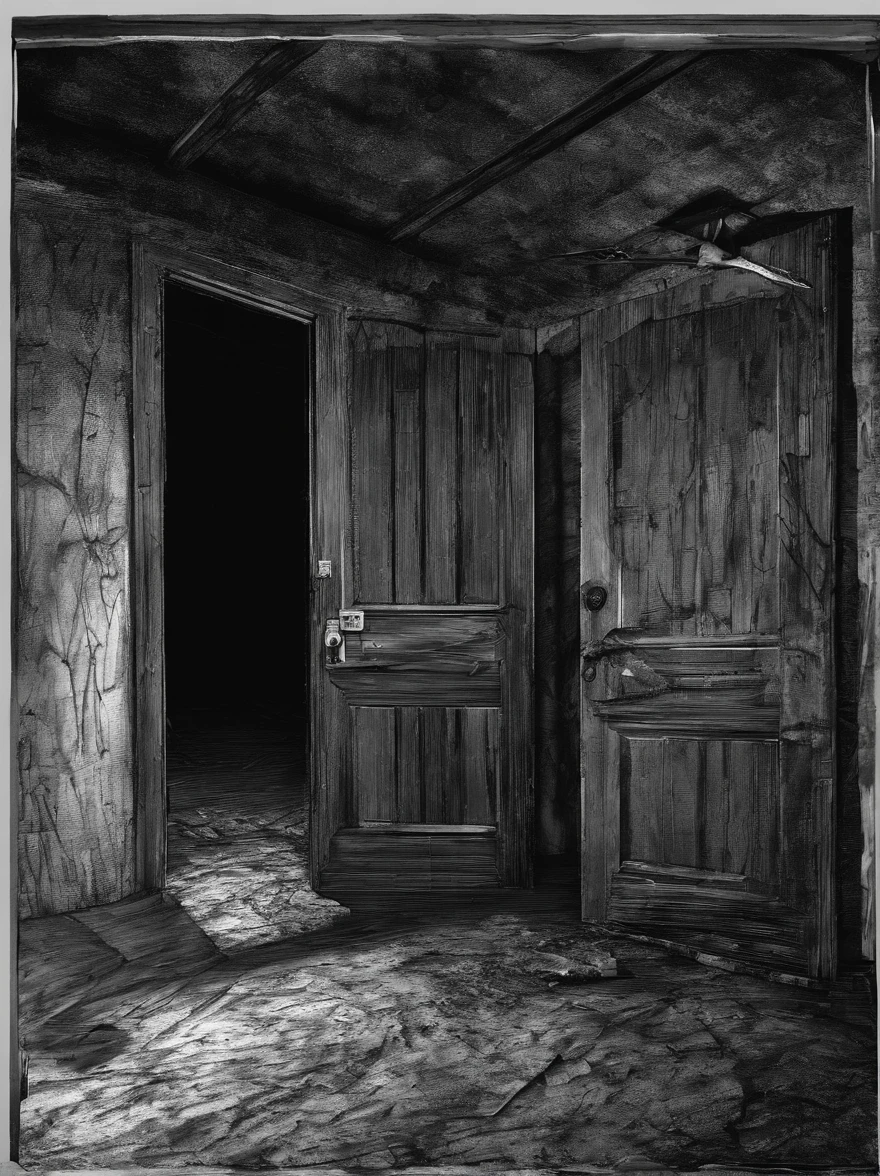 An eerie, dimly lit basement with a mysterious-looking door marked "The Enigma."