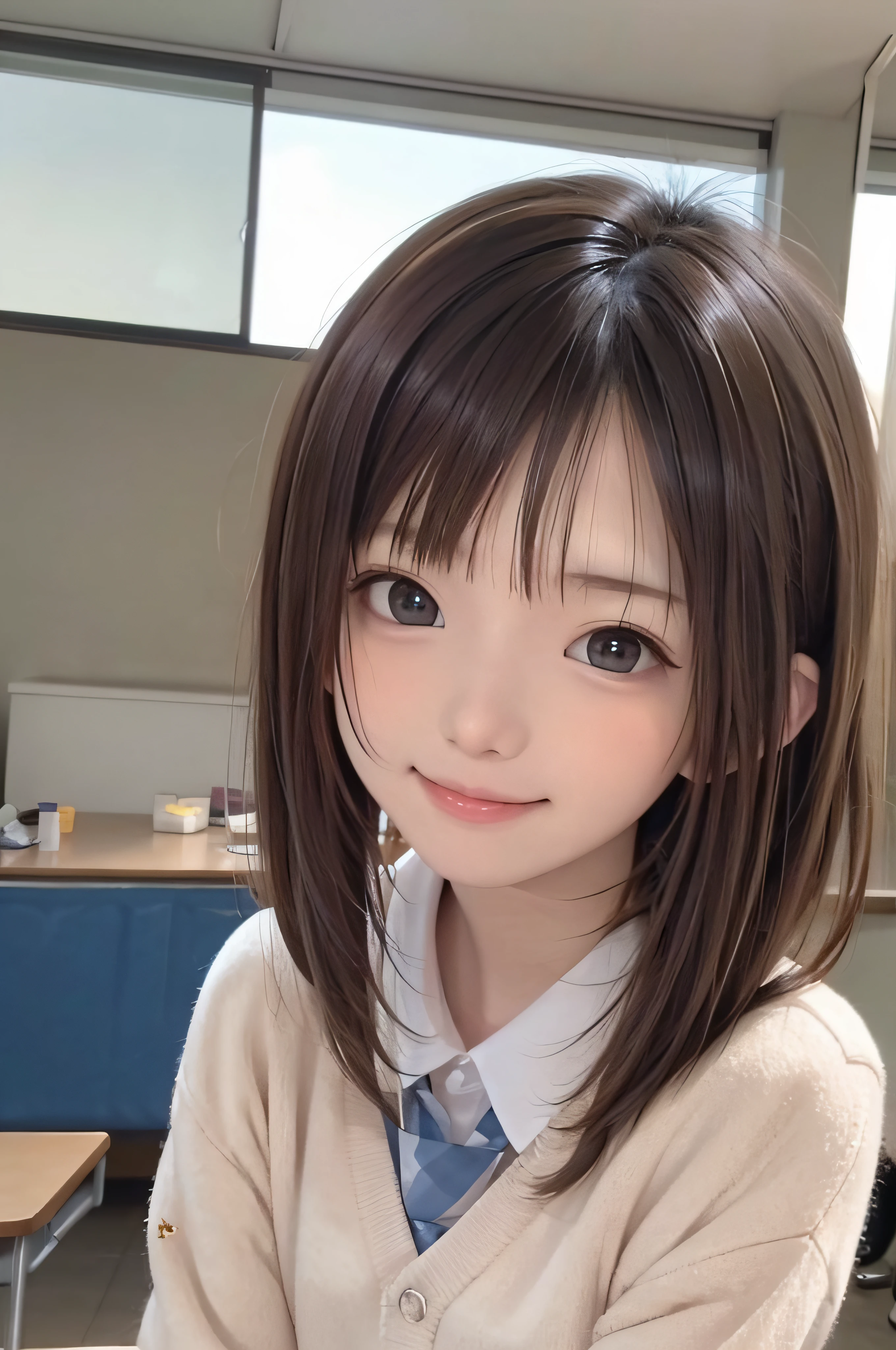 18year old、brown haired、beautidful eyes、real looking skin、hi-school girl、small tits、(8K、​masterpiece)、(reallistic、Photorealsitic)、top-quality、ighly detailed、The ultra-detailliert、Beautie、cute little、japanes、a smile、Close-up portrait、Healthy face、School uniform、plaid skirts