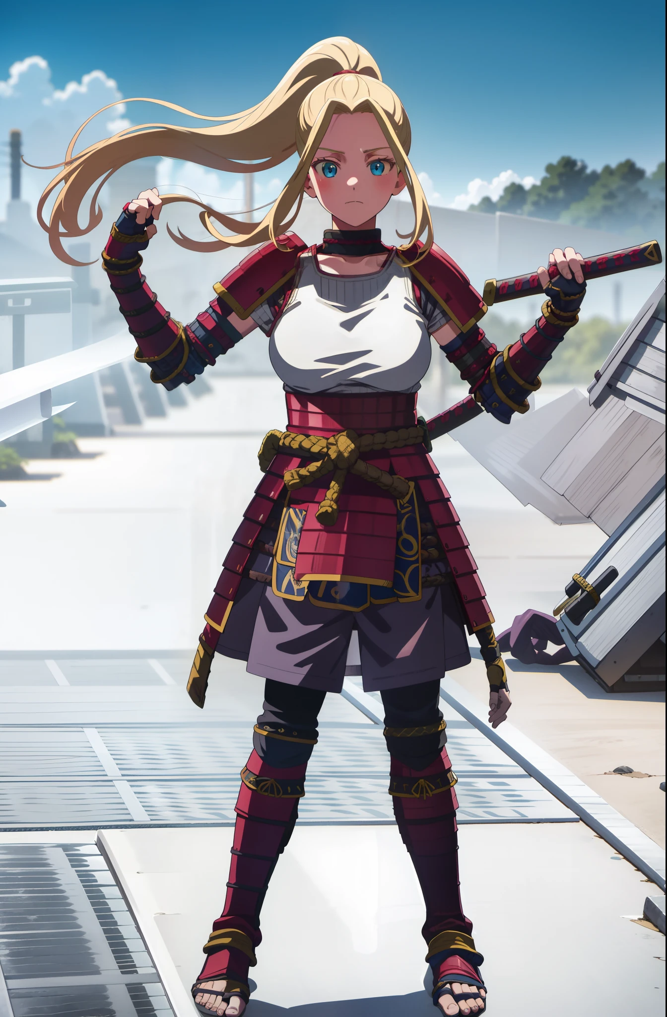 beatrix amerhauser, long hair, blue eyes, blonde hair, gloves, ponytail, (medium breast:1.2), fingerless gloves, armor, japanese armor,standing, sword holding, flipflops, forest