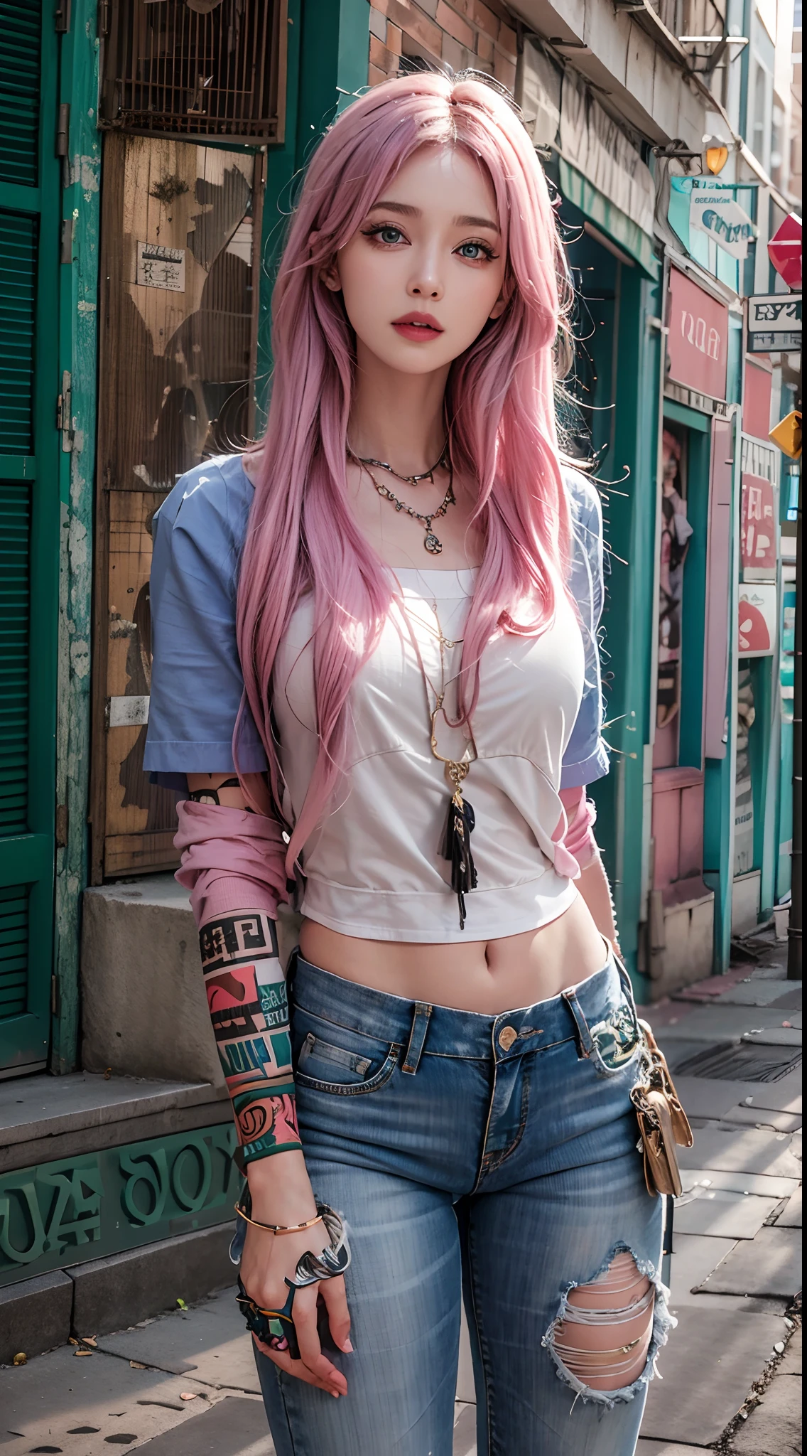 photorealistic, high resolution, soft lights, 1women, 25 years old, solo, hips up, blue eyes, pink hair, long hair, jewelry, tattoo, street wear