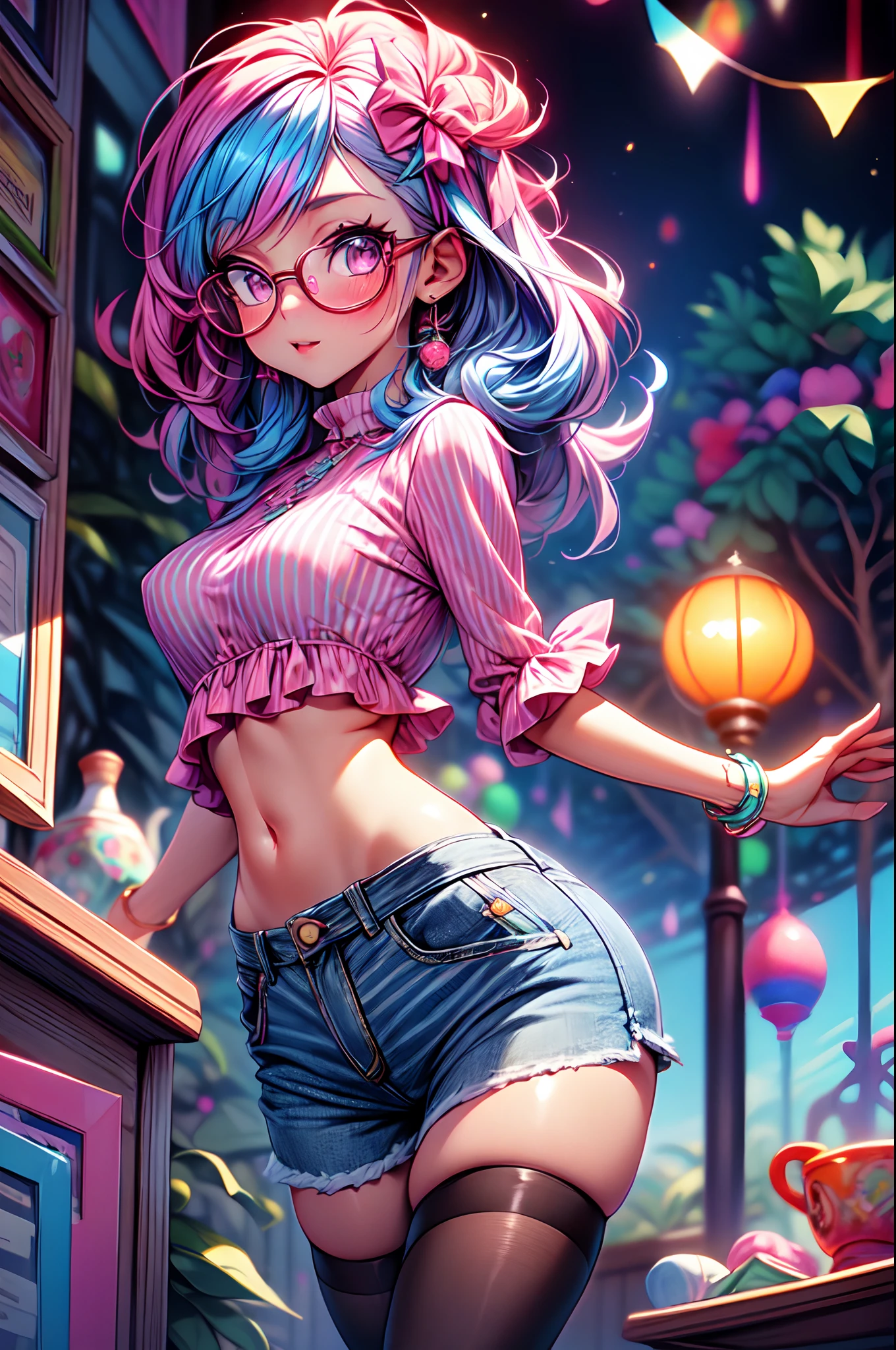 dreamlike, low angle shot, Best quality, Beautiful detailed, 1girl, medium breasts, small hips, pink eyes, multicolor hair, crop top, denim shorts, bedroom, striped thighhighs,pervert, petite, glasses,